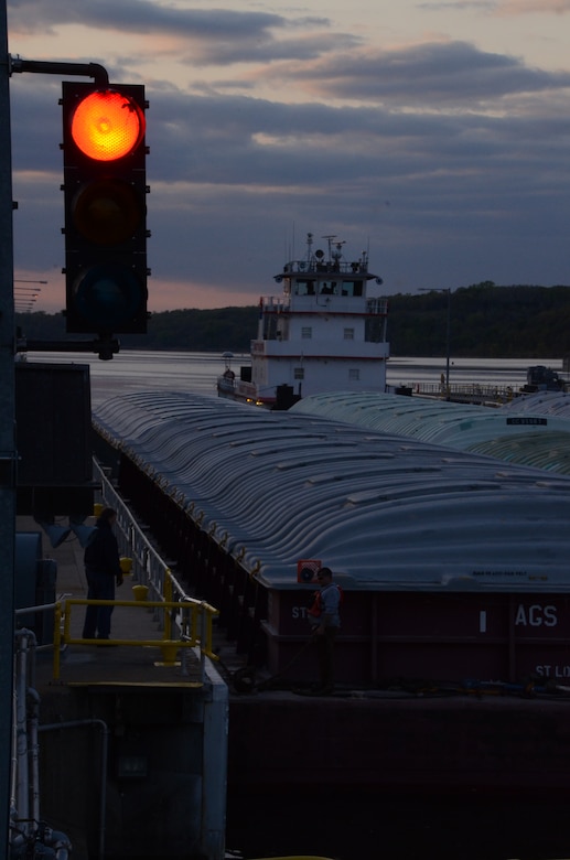 The Motor Vessel Marquette Hilltopper is locked through Lock and Dam 2 in Hastings, Minn., April 20.