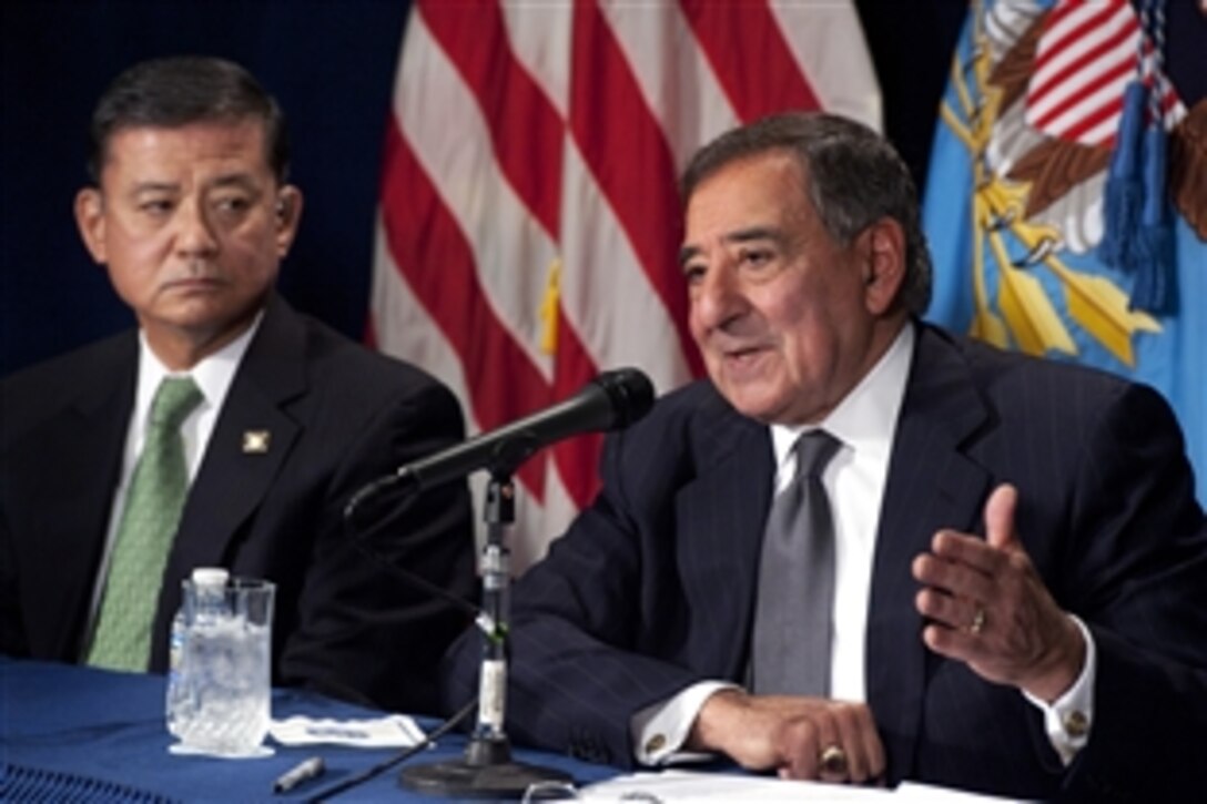 Defense Secretary Leon E. Panetta holds a joint press conference with Secretary of Veterans Affairs Eric K. Shinseki at the U.S. Veterans Affairs Building in Washington, D.C., Dec. 6, 2012. Panetta and Shinseki met before the press conference to discuss ways to help facilitate veteran disability claims as well as the new transition assistance programs.