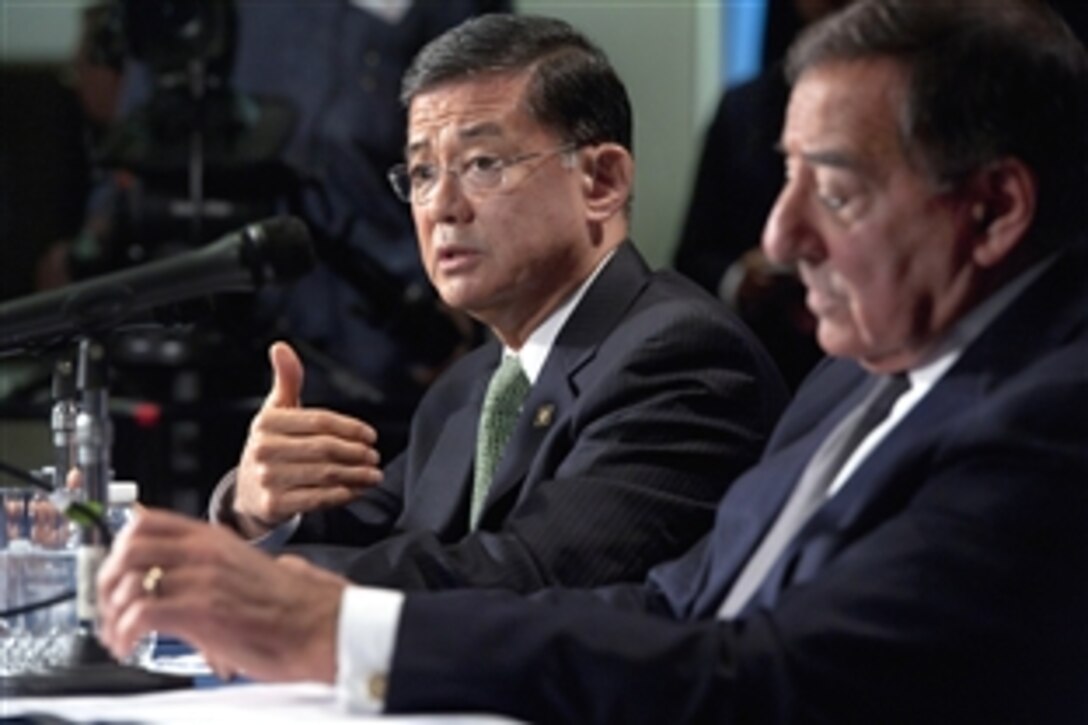 Defense Secretary Leon E. Panetta, right, holds a joint press conference with Secretary of Veterans Affairs Eric K. Shinseki at the U.S. Veterans Affairs Building in Washington, D.C., Dec. 6, 2012. Panetta and Shinseki met before the press conference to discuss ways to help facilitate veteran disability claims as well as the new transition assistance programs.