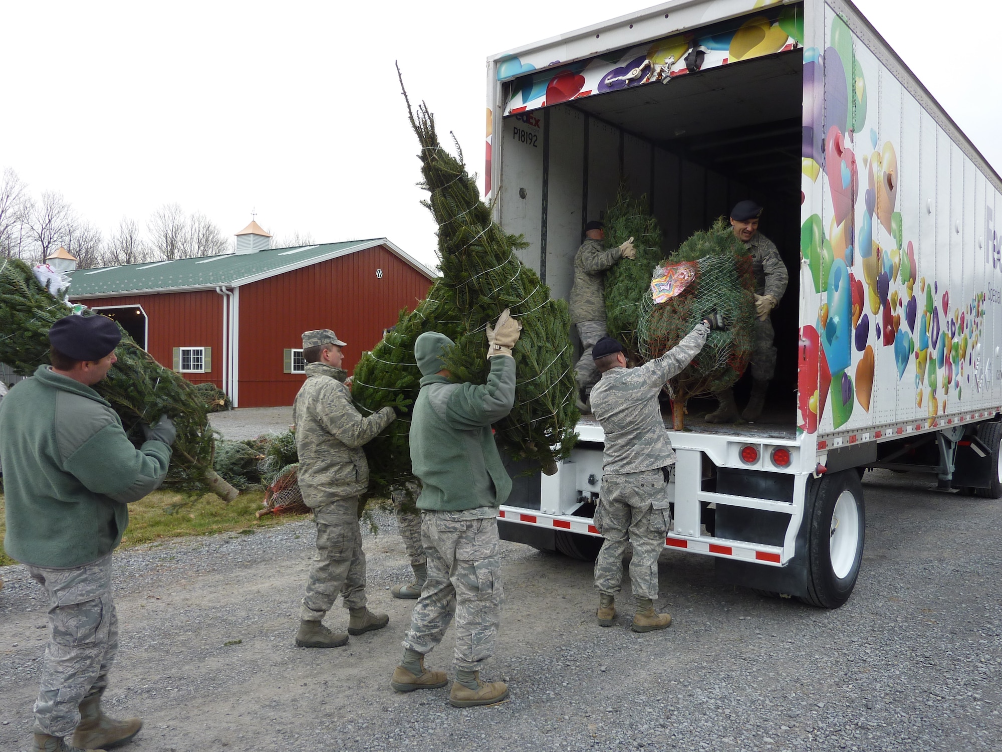 BALLSTON SPA, N.Y. -- New York Air National Guard members of the 109th Airlift Wing from Scotia, N.Y. volunteer their time to assist FedEx driver Don Pelletier load Christmas Trees here at Ellms Christmas Tree Farm Dec. 7. Nearly 20 Airmen volunteered to assist in the annual "Trees for Troops" loading of about 150 donated trees bound for military installations and families around the country and the globe. U.S. Air Force photo by 2nd Lt. Colette Martin, 109th Airlift Wing, New York Air National Guard. (RELEASED)