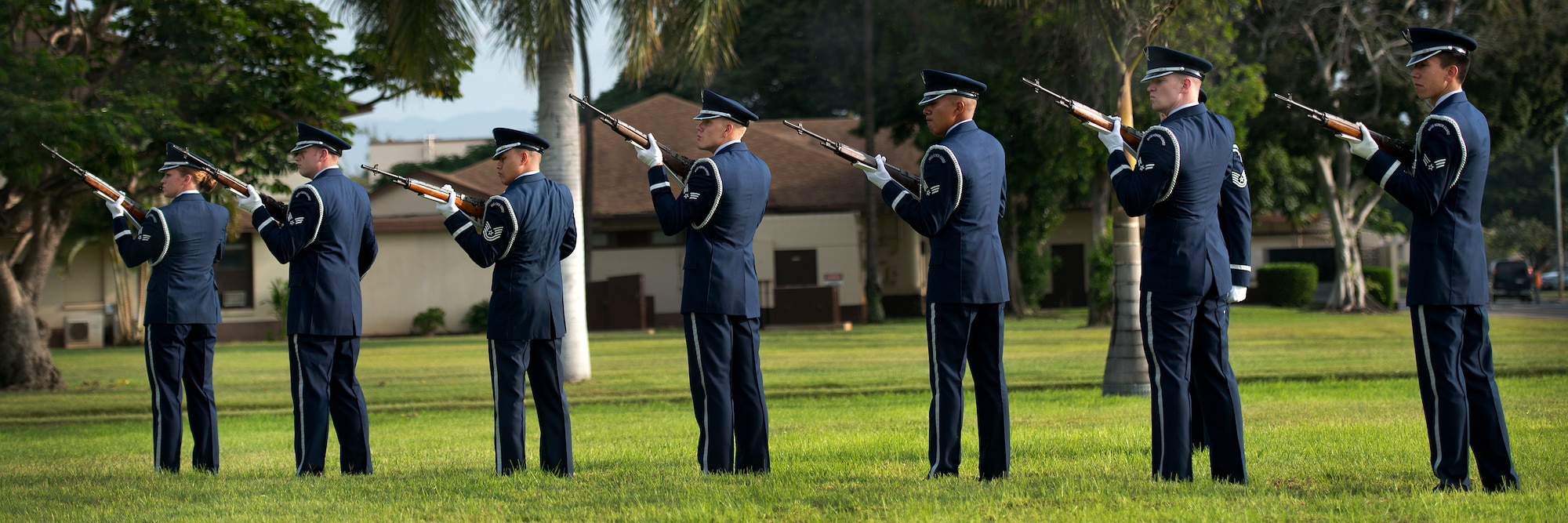 The Hickam Honor Guard fires a three round volley during the 71st anniversary ceremony of the surprise attacks on the Hawaiian Islands during a remembrance ceremony Dec. 7, 2012 at Hickam Field, Joint Base Pearl Harbor-Hickam, Hawaii. Airmen, families and veterans gathered at Atterbury Circle, the site of same flag pole that stood Dec. 7, 1941, to commemorate the lives and the sacrifices of the men and women who were there on that day. During the attacks, 189 Army Air Forces Airmen and civilians lost their lives and 303 were wounded. (U.S. Air Force photo/Staff Sgt. Mike Meares)