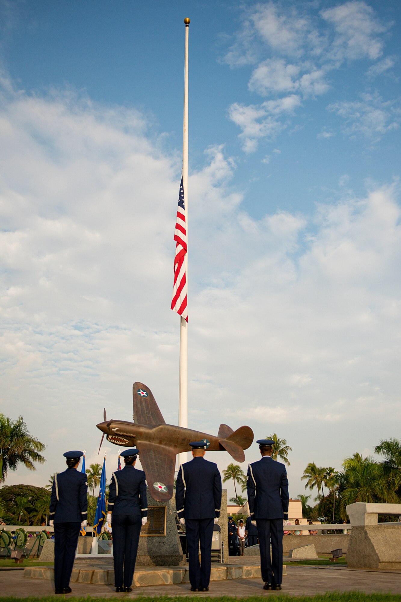 Members of the Hickam Honor Guard stand statuesque during the 71st Remembrance Ceremony of the Dec. 7, 1941 attacks at Atterbury Circle, Joint Base Pearl Harbor-Hickam, Hawaii, Dec. 7, 2012. This year marks the 71st anniversary of the attacks on Oahu by the Japanese Empire, which in turn, launched the United States into World War II. During the attacks, 189 Army Air Corps Airmen and civilians lost their lives and 303 were wounded. (U.S. Air Force photo/Staff Sgt. Mike Meares)