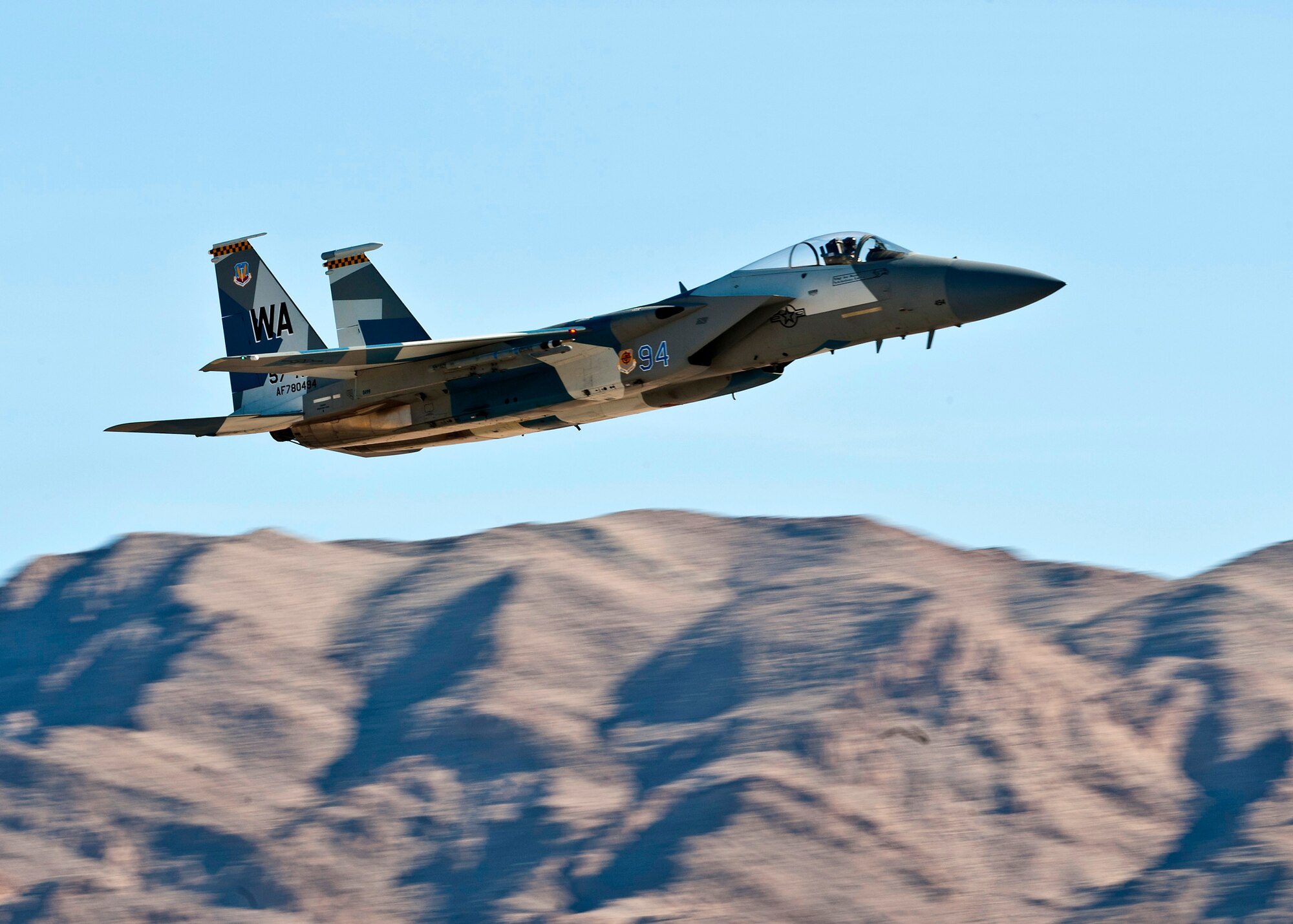 A U.S. Air Force F-15 Eagle departs during the Mission Employment Phase exercise Dec. 7, 2012, at Nellis Air Force Base, Nev. The exercise incorporates Air Force capabilities in diverse scenarios which can include aircraft in conjunction with space and cyberspace assets. (U.S. Air Force photo/Senior Airman Brett Clashman)
