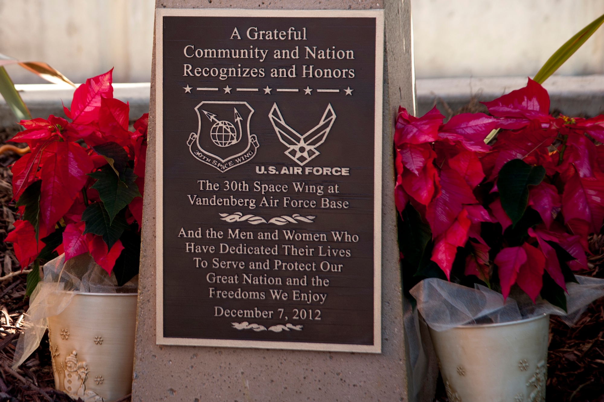 SANTA MARIA, Calif. – The 30th Space Wing Vandenberg Air Force Base Monument was unveiled Friday morning here, Dec. 7, 2012. The Vandenberg Monument was the 11th annual Freedom Memorial dedication. (U.S. Air Force photo/Senior Airman Lael Huss)