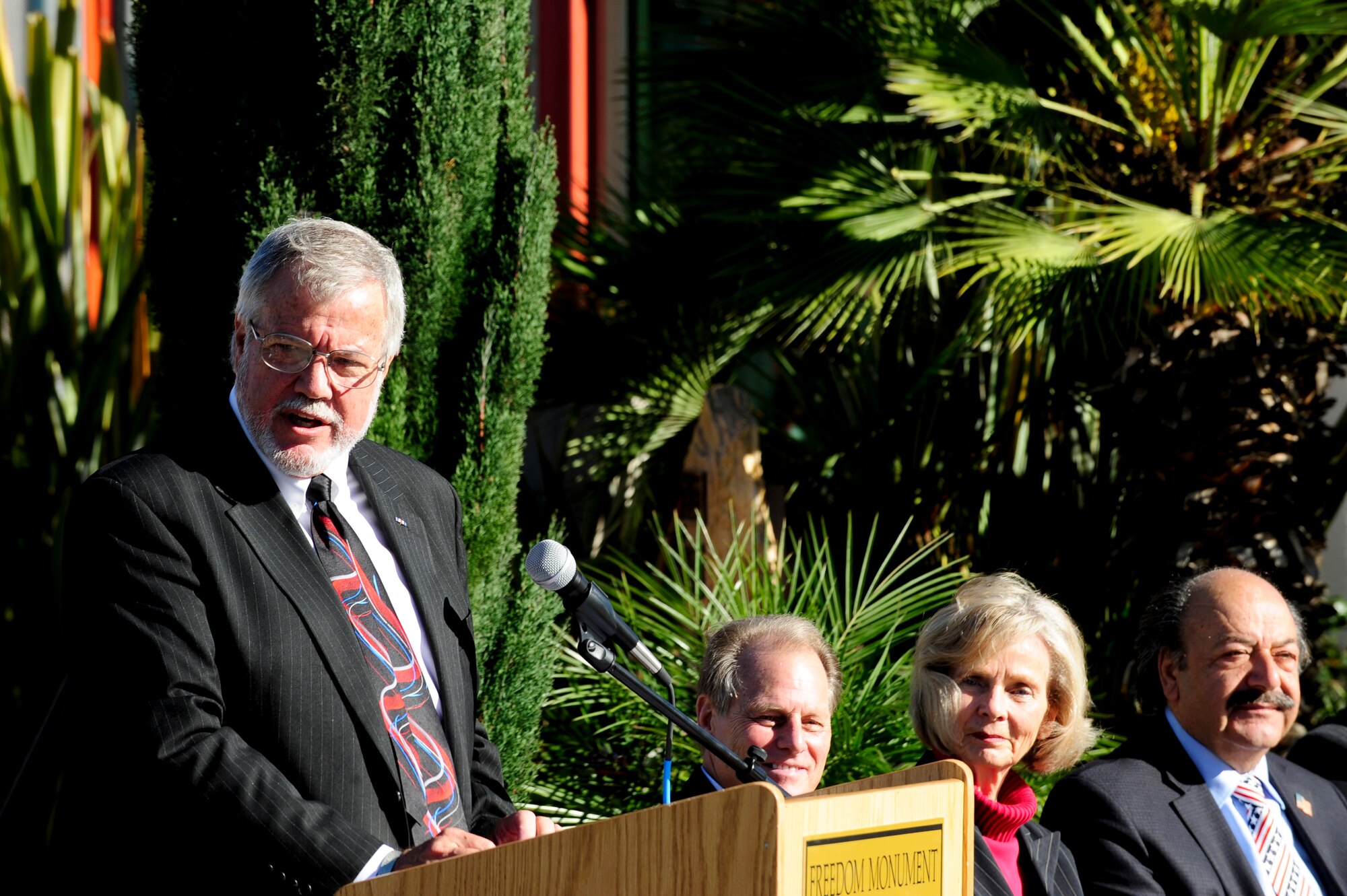 SANTA MARIA, Calif. – Bob Hatch, Santa Maria Valley Chamber of Commerce president and CEO, speaks as the keynote speaker during the Vandenberg Air Force Base Monument Dedication here Friday, Dec. 7, 2012. The event included keynote speeches from prominent members of the community, base Honor Guard flag presentation, and the unveiling of the VAFB Monument. (U.S. Air Force photo/Senior Airman Lael Huss)
