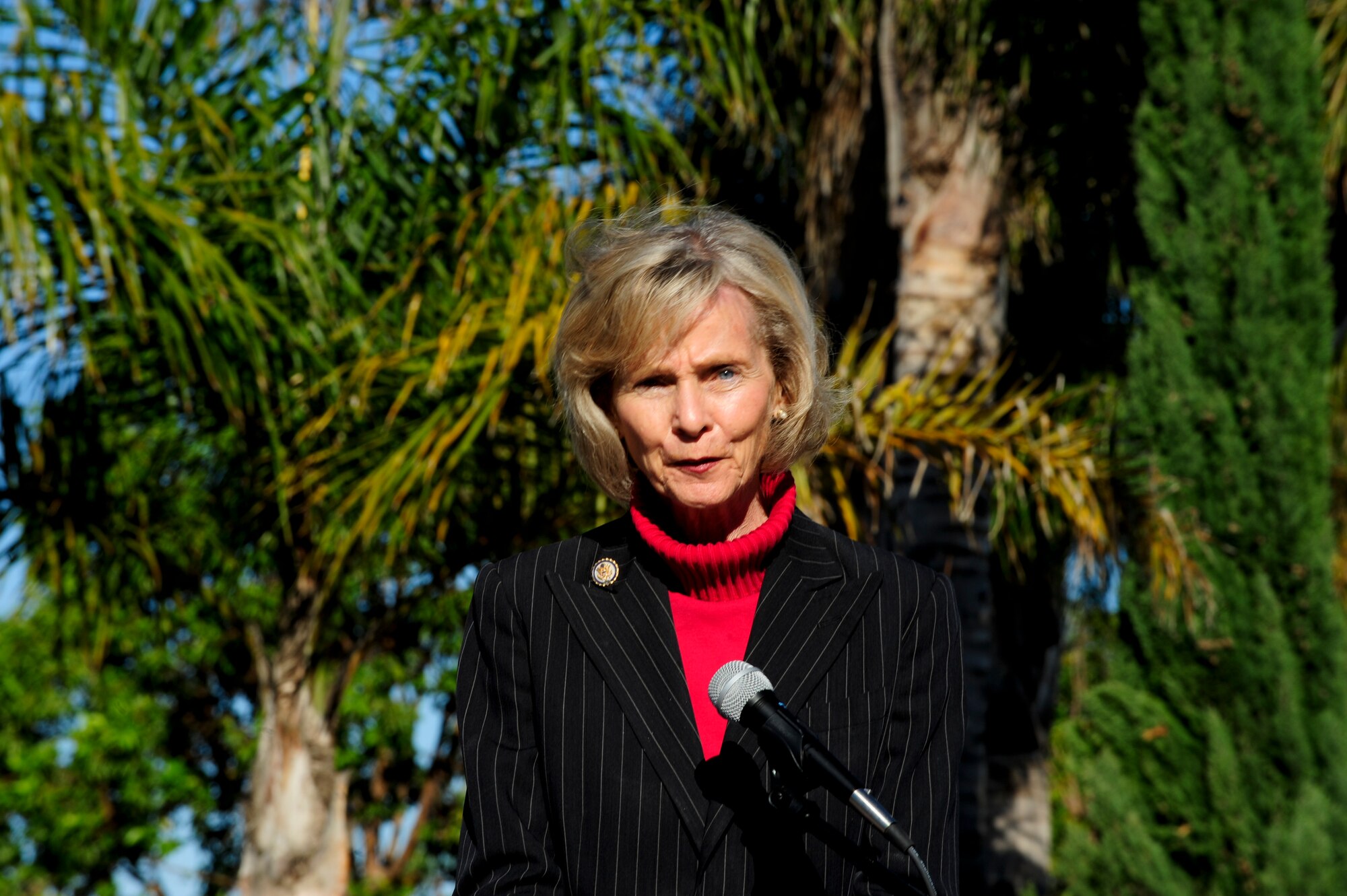 SANTA MARIA, Calif. –Lois Capps, California’s 23rd Congressional District congresswoman, speaks during the Vandenberg Air Force Base Monument Dedication here Friday, Dec. 7, 2012. The Vandenberg monument was the 11th annual Freedom Memorial dedication. (U.S. Air Force photo/Senior Airman Lael Huss)