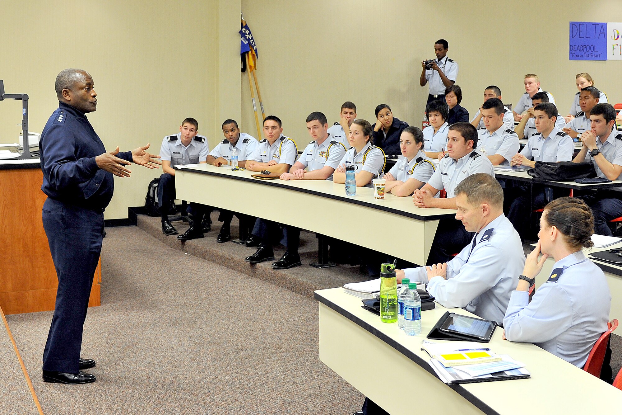 SAN ANGELO, Texas-- Gen. Ronnie D. Hawkins, director of the Defense Information Systems Agency speaks to Air Force ROTC cadets at Angelo State Univerity. Hawkins is the highest ranking graduate of ASU AFROTC program. (Courtesy photo)