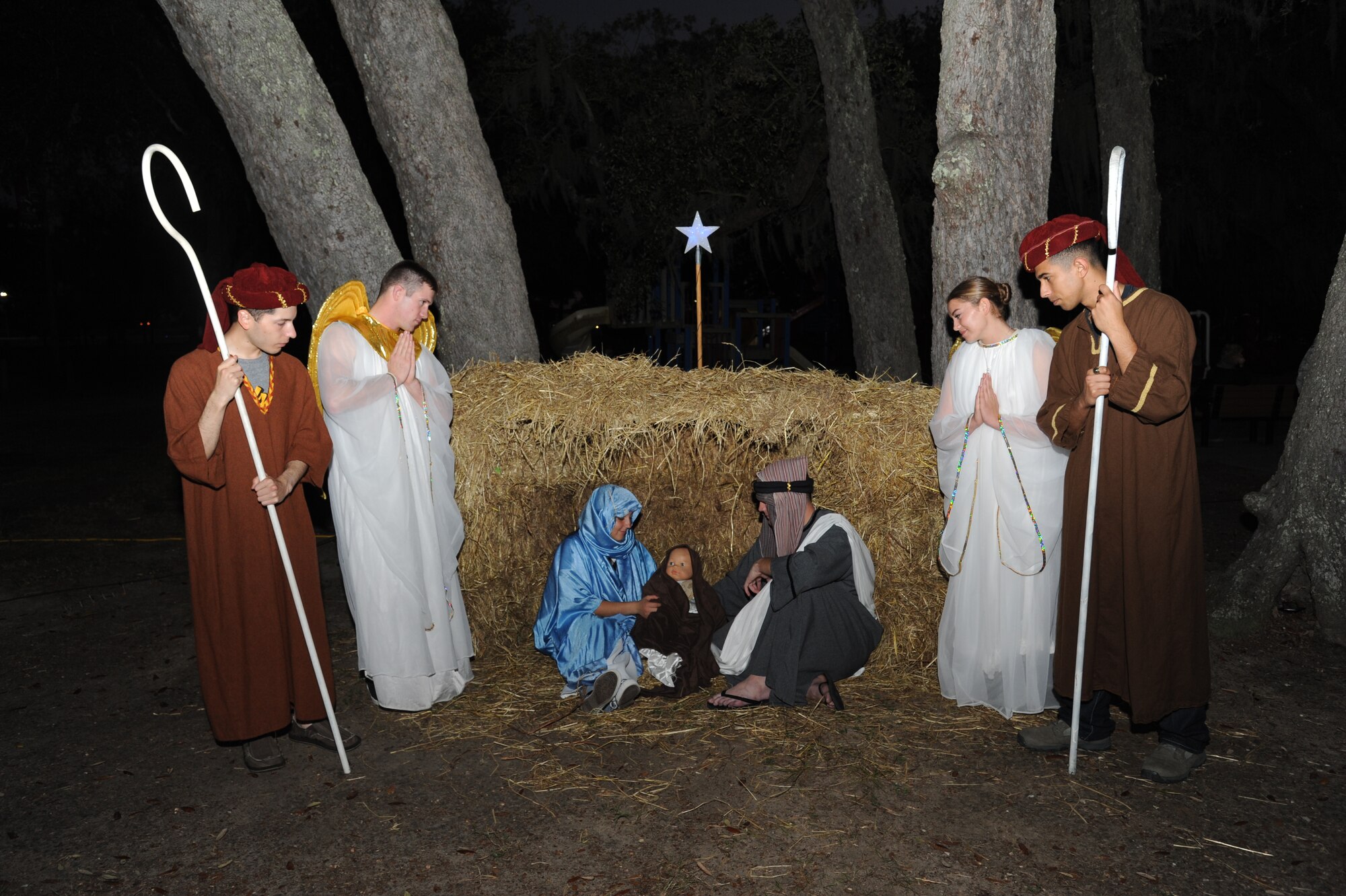 A live nativity scene is on display at Keesler’s annual Holiday in the Park, Dec. 6, 2012, at marina park, Keesler Air Force Base, Miss. The event included a tree lighting ceremony, hay rides, holiday music, visits with Santa and free food and beverages.  (U.S. Air Force photo by Kemberly Groue)