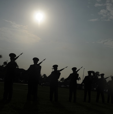 Honor Guardsmen ceremoniously fire rifles during a remembrance ceremony on Joint Base Pearl Harbor-Hickam, Hawaii, for Hickam survivors of the Dec. 7, 1941 attacks on Oahu by Japanese forces. Seventy-one years ago, Japanese air and naval forces launched a surprise attack on U.S. military forces throughout Oahu. The attacks hit several installations on the island with the aim of crippling the U.S. fleet to prevent it's interference with Japanese military plans in the Pacific theater. (U.S. Air Force photo by Staff Sgt. Nathan Allen)