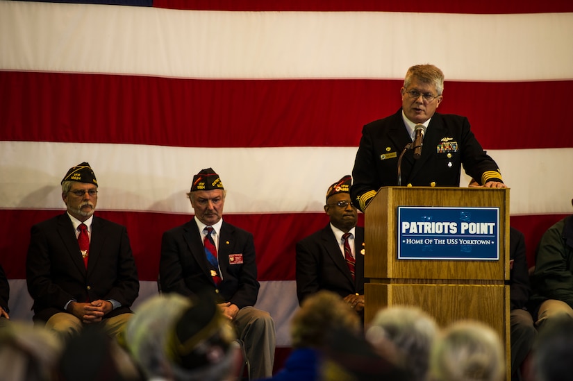 U.S. Navy Capt. Thomas Bailey, Joint Base Charleston deputy commander, addresses the audience during the Pearl Harbor 71st Anniversary Memorial Service Dec. 7, 2012, onboard USS Yorktown (CV 10) at Patriots Point Naval and Maritime Museum, Mount Pleasant, S.C. The Yorktown was commissioned in 1943 and named for a carrier that was sunk during the Battle of Midway. The ceremony was held in honor of the 25 known service members from South Carolina who gave their lives during the Dec. 7, 1941, Japanese attack on Pearl Harbor and other military installations. (U.S. Air Force photo/Staff Sgt. Rasheen Douglas)