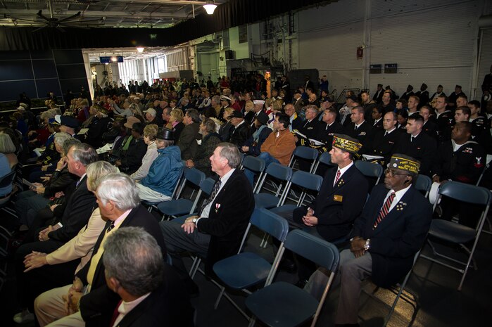A crowd of more than 400 active duty, veterans and civilians attend the Pearl Harbor 71st Anniversary Memorial Service Dec. 7, 2012, onboard USS Yorktown (CV 10) at Patriots Point Naval and Maritime Museum in Mount Pleasant, S.C. The ceremony was held in honor of the 25 known men from South Carolina who gave their lives during the Dec. 7, 1941, Japanese attack on Pearl Harbor and other military installations. (U.S. Air Force photo/Staff Sgt. Rasheen Douglas)