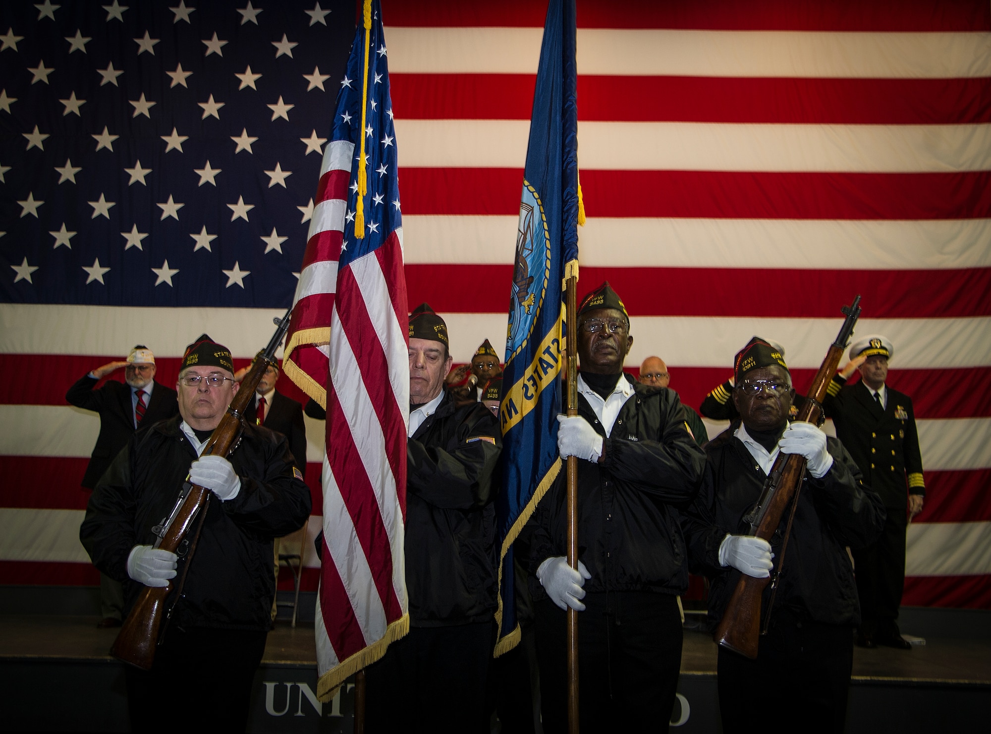 The Veterans of Foreign Wars South Carolina Color Guard posts the Colors during the Pearl Harbor 71st Anniversary Memorial Service Dec. 7, 2012, onboard USS Yorktown (CV 10) at Patriots Point Naval and Maritime Museum in Mount Pleasant, S.C. The ceremony was held in honor of the 25 known service members from  South Carolina who gave their lives during the Dec. 7, 1941, Japanese attack on Pearl Harbor and other military installations. (U.S. Air Force photo/Staff Sgt. Rasheen Douglas)