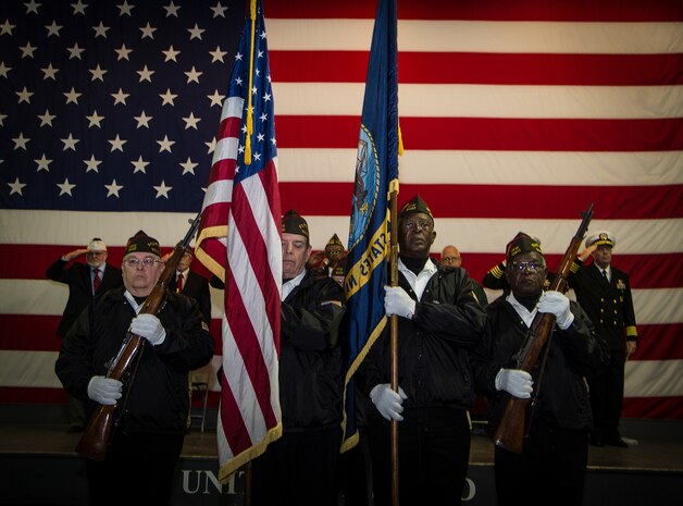 The Veterans of Foreign Wars South Carolina Color Guard posts the Colors during the Pearl Harbor 71st Anniversary Memorial Service Dec. 7, 2012, onboard USS Yorktown (CV 10) at Patriots Point Naval and Maritime Museum in Mount Pleasant, S.C. The ceremony was held in honor of the 25 known service members from  South Carolina who gave their lives during the Dec. 7, 1941, Japanese attack on Pearl Harbor and other military installations. (U.S. Air Force photo/Staff Sgt. Rasheen Douglas)
