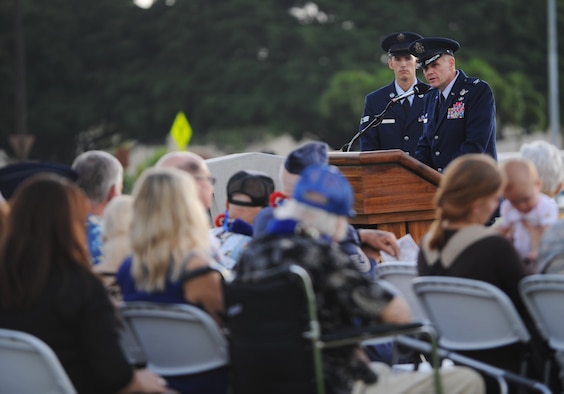 Col. Johnny Roscoe, 15th Wing commander, speaks during a ceremony Dec. 7 at Joint Base Pearl Harbor-Hickam, Hawaii, honoring the 71st Anniversary of the attacks on Hickam Field. Seventy-one years ago, Japanese air and naval forces launched a surprise attack on U.S. military forces throughout Oahu. The attacks hit several installations on the island with the aim of crippling the U.S. fleet to prevent interference with Japanese military plans in the Pacific theater. (U.S. Air Force photo/Senior Airman Lauren Main)