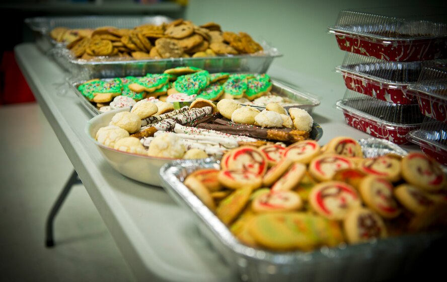 Cookies rest on a table before getting bagged for the Annual Moody Airmen Cookie Drive at Moody Air Force Base, Ga., Dec. 3, 2012. The Annual Moody Airmen Cookie Drive collects homemade cookies from military families and community members for Moody Airmen living in the dormitories. (U.S. Air Force photo by Senior Airman Douglas Ellis/Released)

