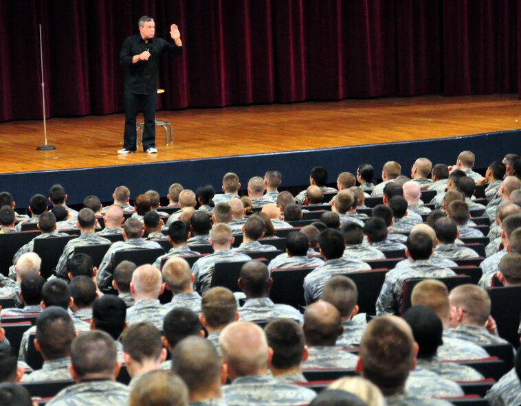 Comedian Bernie McGrenahan entertains and educates Airmen on December 7.  McGrenahan used comedy to educate people on the dangers of "high risk" conduct and the consequences that may result from such behavior.  (US Air Force Photo/Josh Wilson)