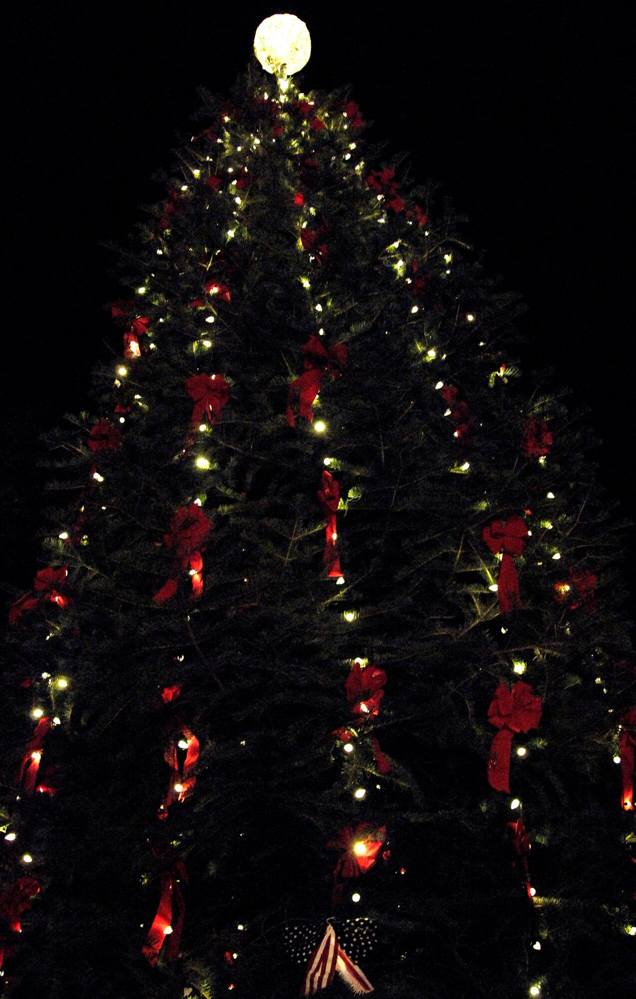 The base Christmas tree shines on the chapel lawn at Langley Air Force Base, Va., Dec. 4, 2012. The lighting of the Christmas tree is an annual event that kicks off the holiday season. (U.S. Air Force photo by Airman First Class Victoria Taylor)