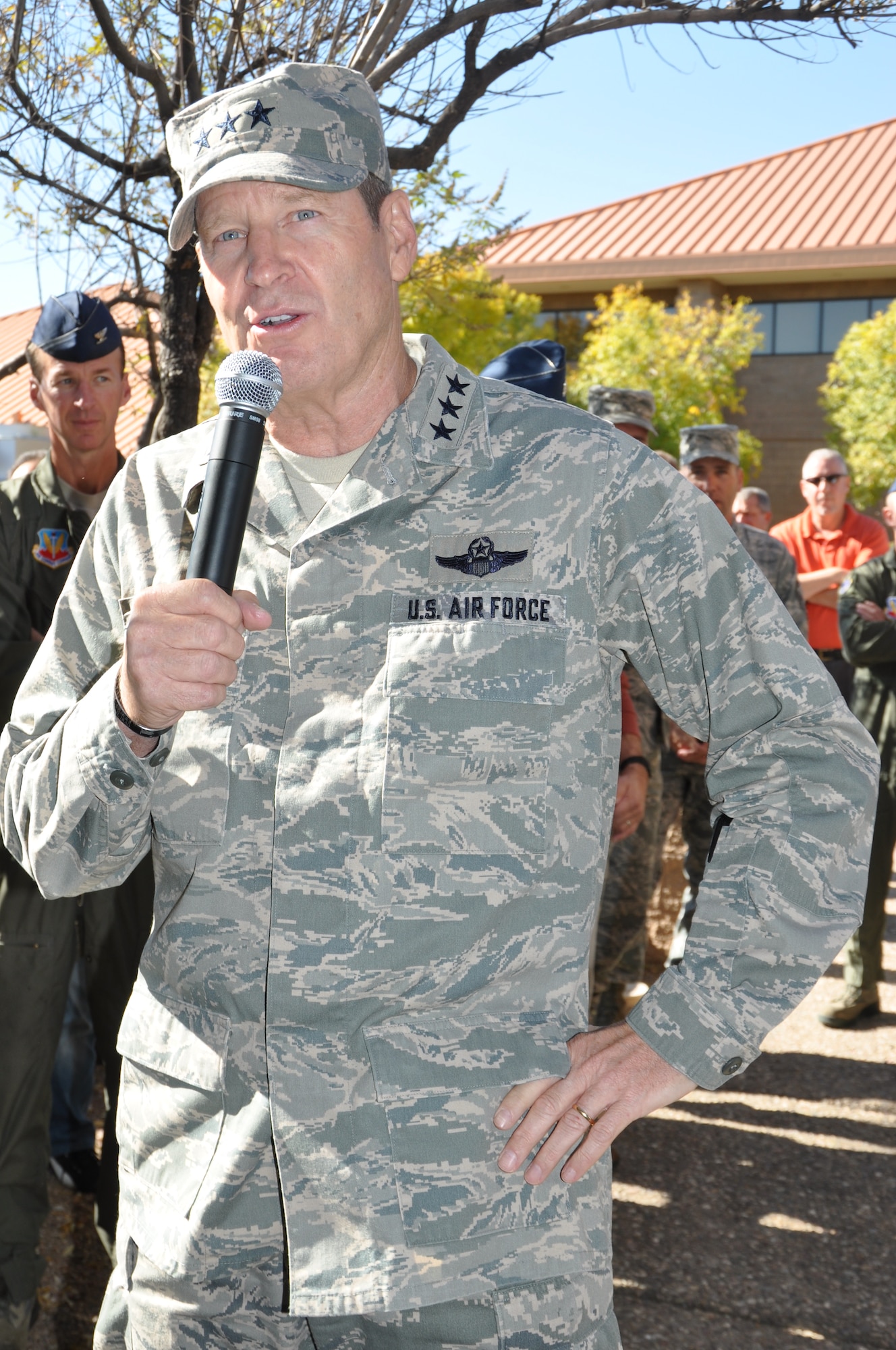 Lt. Gen. Robin Rand, 12th Air Force (Air Forces Southern) commander, briefs members of his staff on Dec. 7, at Davis-Monthan AFB, Ariz., on Air Force-wide Health and Welfare inspections.  The inspections will be focused on emphasizing an environment of respect, trust and professionalism in the workplace The purpose of this inspection is to reinforce expectations for the workplace environment, correct deficiencies, and deter conditions that may be detrimental to good order and discipline. Commanders will look for and remove unprofessional or inappropriate items that hinder a professional working environment.  (USAF photo by Master Sgt. Kelly Ogden/Released). 