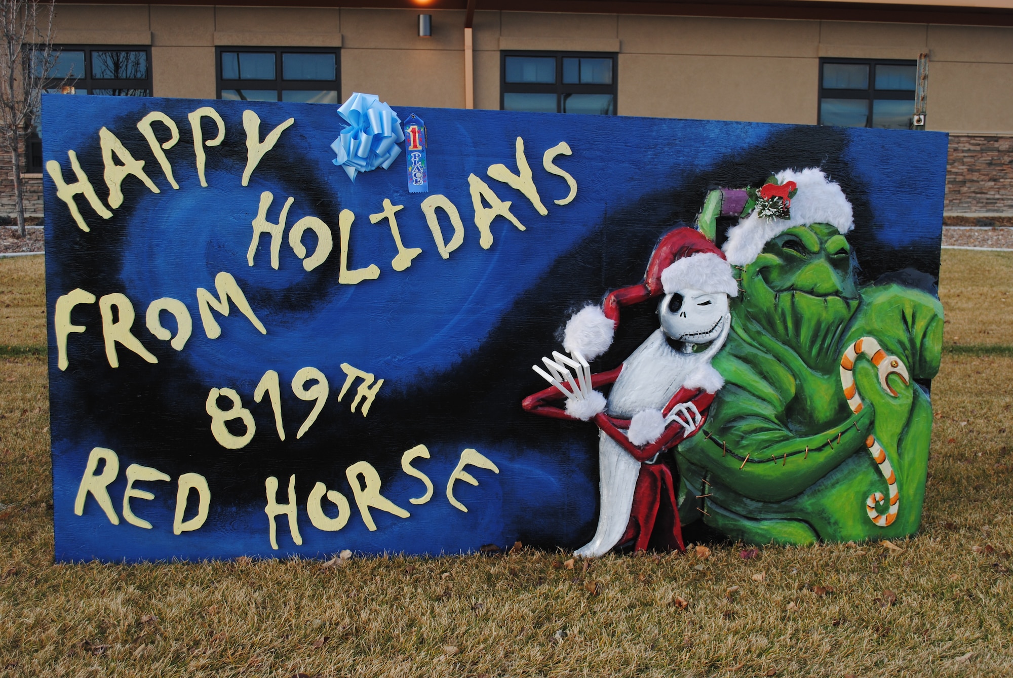 The 819th RED HORSE Squadron submitted this winning card titled “Nightmare Before Christmas – Holiday Greeting” in the unit category, which is displayed at the Grizzly Bend. The 819th RHS competed against four other unit cards including the 341st Medical Operations Squadron, the 341st Medical Support Squadron, the 12th Missile Squadron and the 341st Mission Support Group. (U.S. Air Force photo/Airman 1st Class Katrina Heikkinen)
