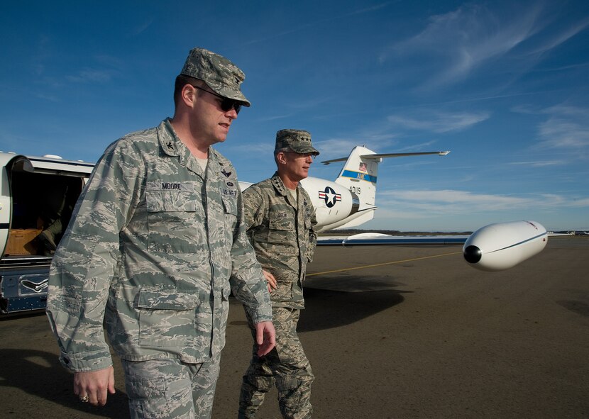 Gen. Paul J. Selva, (right) commander of Air Mobility Command, Scott Air Force Base, Ill., is greeted on the flightline by Col. Rick Moore, commander of the 436th Airlift Wing, at Dover Air Force Base, Del., Dec. 6, 2012. Selva visited the base to introduce himself to Team Dover at an All Call during a world-wind tour of AMC Wings throughout December. As commander of AMC, Selva leads all mobility air forces comprised of nearly 134,000 personnel from the active duty, Air National Guard , and Air Force Reserve. (U.S. Air Force photo by Greg L. Davis)