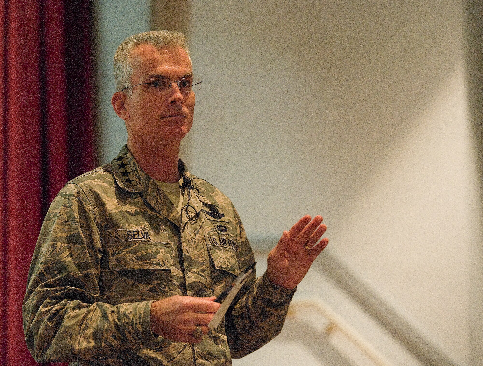 Gen. Paul J. Selva, commander of Air Mobility Command, Scott Air Force Base, Ill., talks with airmen of the 436th Airlift Wing, at Dover Air Force Base, Del., Dec. 6, 2012. Selva visited the base to introduce himself to Team Dover at an All Call during a world-wind tour of AMC Wings throughout December. As commander of AMC, Selva leads all mobility air forces comprised of nearly 134,000 personnel from the active duty, Air National Guard , and Air Force Reserve. (U.S. Air Force photo by Greg L. Davis)