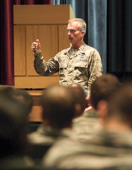 Gen. Paul J. Selva, commander of Air Mobility Command, Scott Air Force Base, Ill., talks with airmen of the 436th Airlift Wing, at Dover Air Force Base, Del., Dec. 6, 2012. Selva visited the base to introduce himself to Team Dover at an All Call during a world-wind tour of AMC Wings throughout December. As commander of AMC, Selva leads all mobility air forces comprised of nearly 134,000 personnel from the active duty, Air National Guard , and Air Force Reserve. (U.S. Air Force photo by Greg L. Davis)