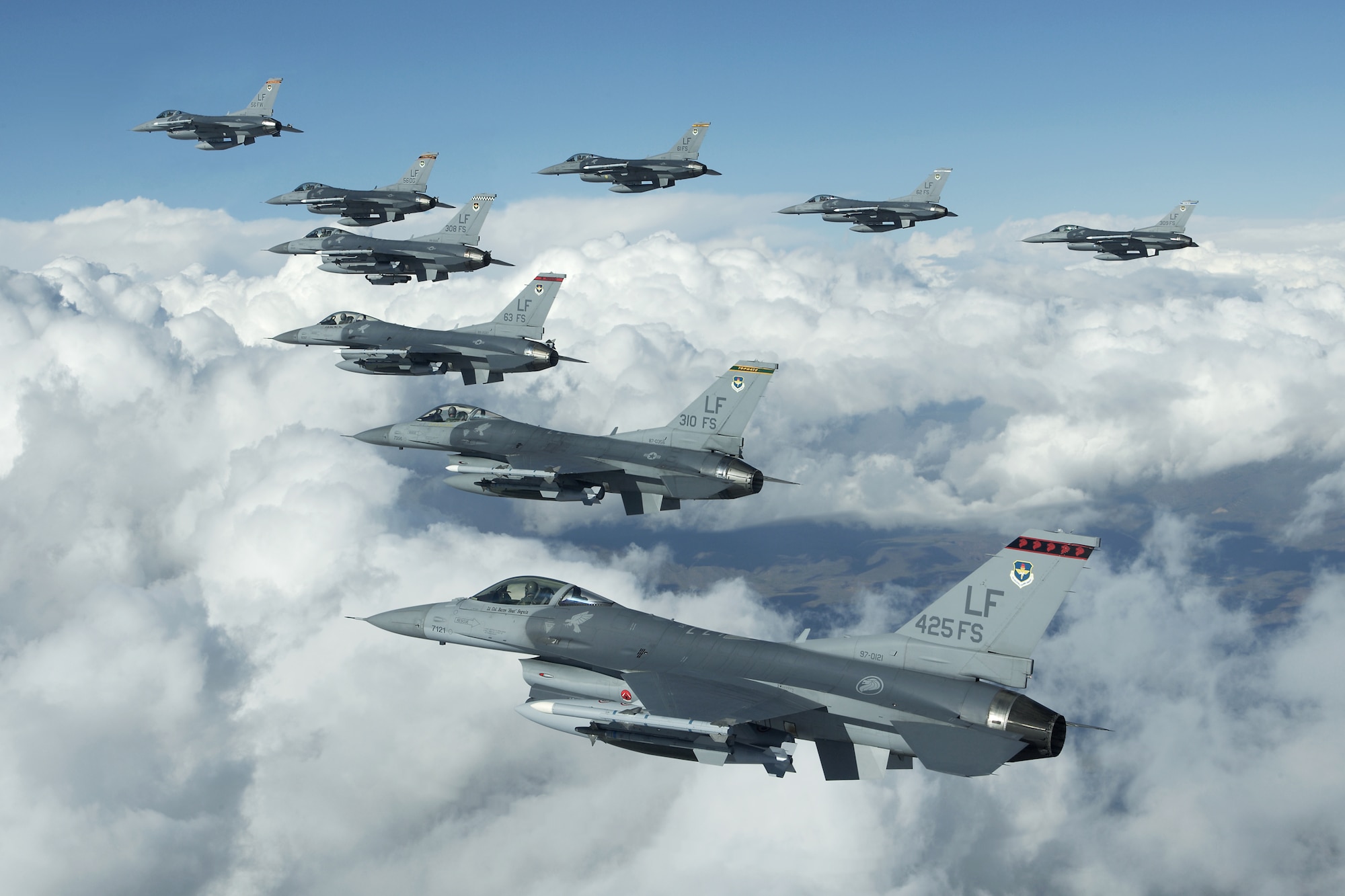 Luke Air Force Base squadron F-16 Fighting Falcons fly in formation over base during a  training exercise. (Courtesy photo)