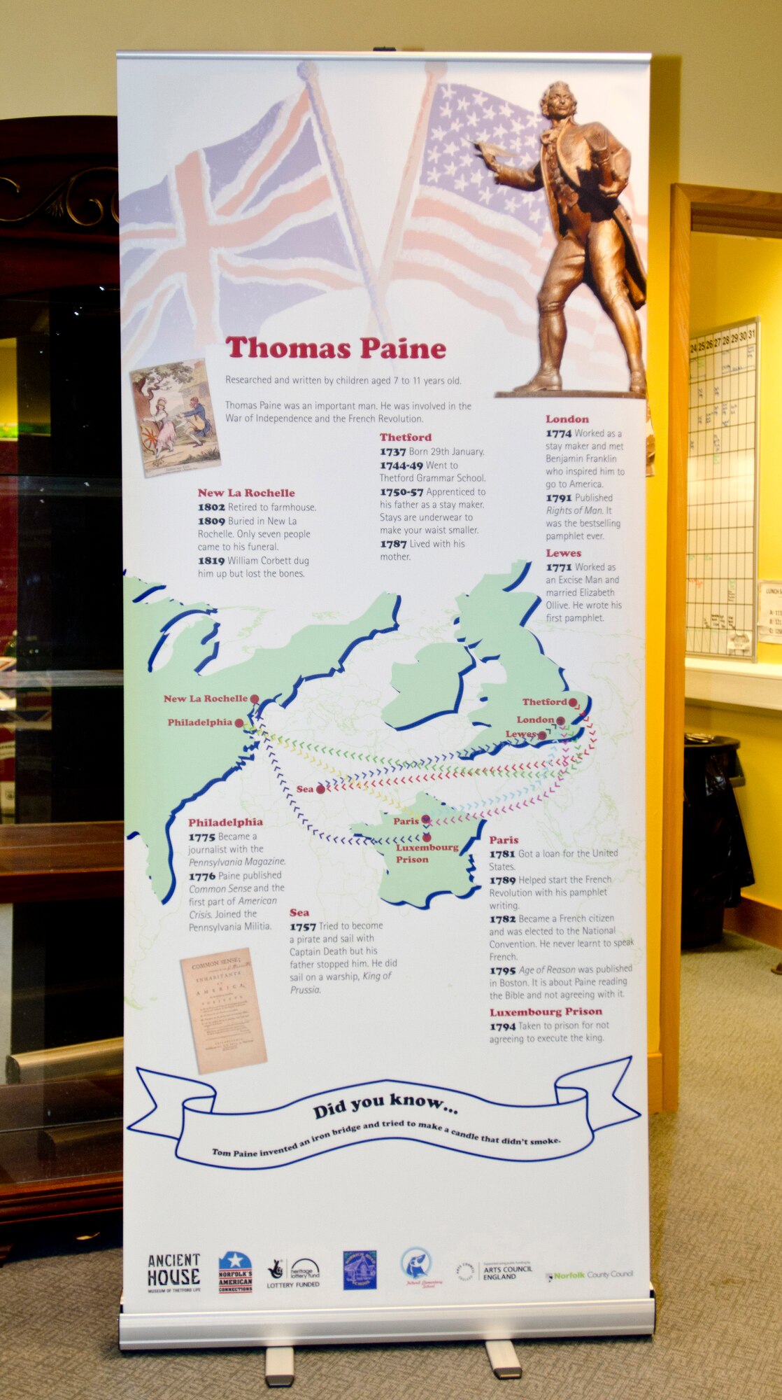ROYAL AIR FORCE FELTWELL, England - This display, Thomas Paine, is one of five displays in the Connecting People: Norfolk's American Connections exhibit and was researched and developed by U.S. and British students. More than 150 children, ages 7-12, from 10 schools worked on the exhibit in early 2012. Approximately 25,000 people viewed the exhibit across 120 venues in Norfolk. (U.S. Air Force photo by Staff Sgt. Stephen Linch)