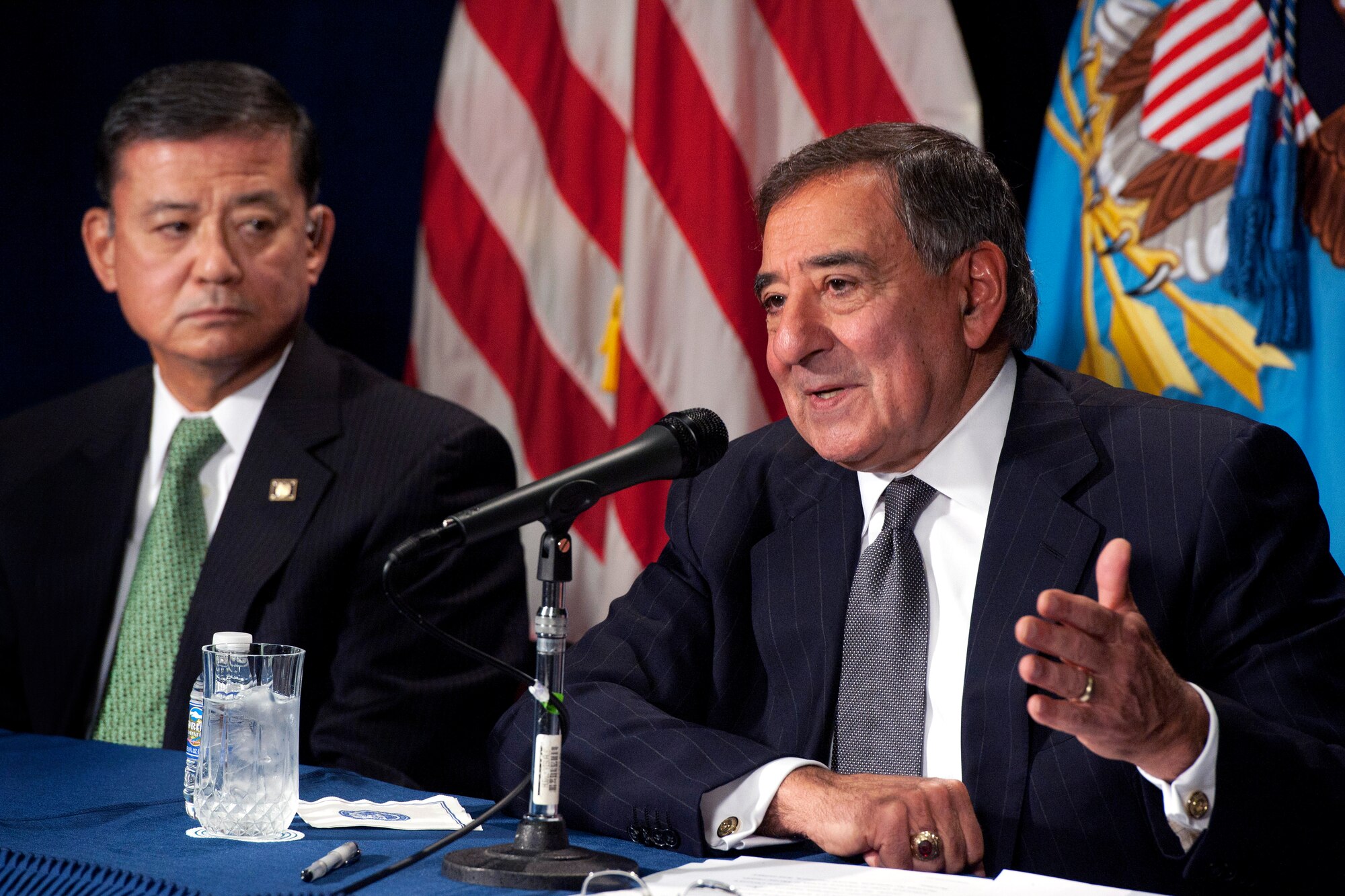 Defense Secretary Leon E. Panetta, right, holds a joint press conference with Veteran Affairs Secretary Eric K. Shinseki at the Veterans Affairs Building in Washington on Dec. 6, 2012. Panetta and Shinseki met before the press conference to discuss ways to help facilitate veteran disability claims and other issues. (DOD photo/Erin A. Kirk-Cuomo)