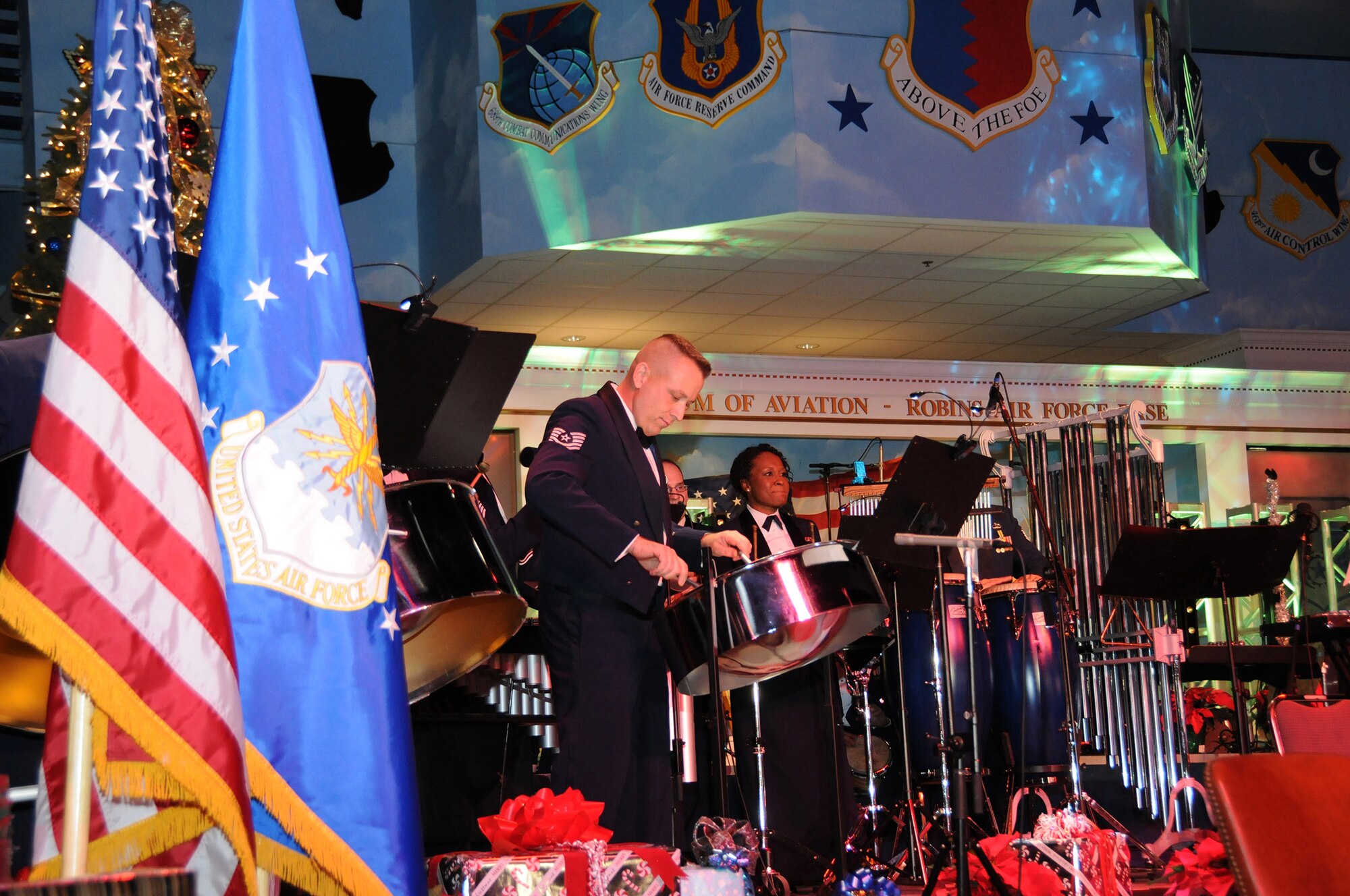The Band of the U.S. Air Force Reserve treated concert-goers to a Caribbean-inspired medley complete with steel drums during the 51st Annual Holiday Concert at the Museum of Aviation at Robins Air Force Base, Ga., Dec. 6. (U.S. Air Force photo/Senior Airman Katie Spencer)