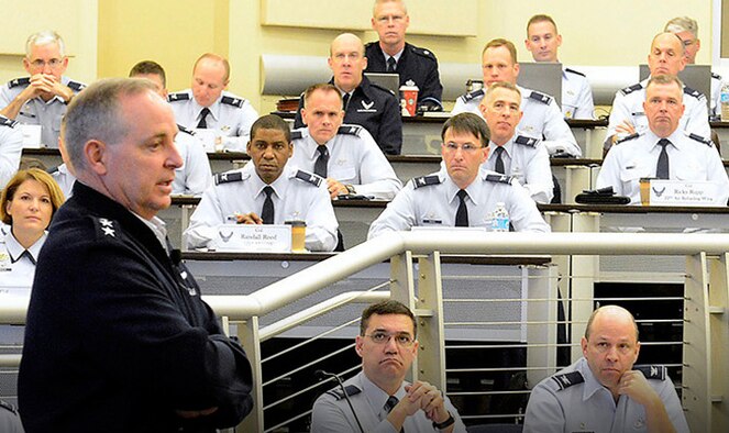Air Force Chief of Staff Gen. Mark A. Welsh III talks during a Wing Commanders Call at Joint Base Andrews, Md., on Nov. 28, 2012. Welsh met with the commanders to underscore, face-to-face, his expectations of them as leaders and to discuss Air Force issues. (U.S. Air Force photo/Scott M. Ash) 
