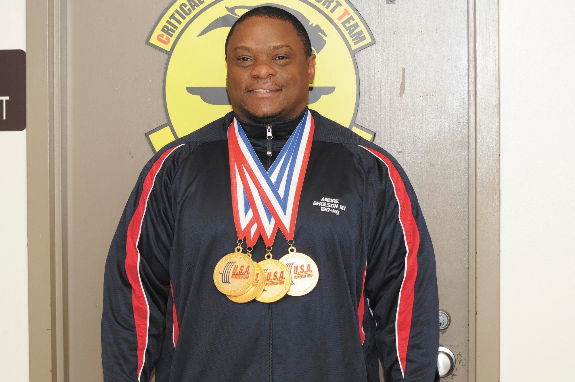 Andre Gholson, critical care air transport consultant from the 59th Medical Wing, won a gold medal in the Masters One 40-49-year-old category during the International Powerlifting Masters World competition in October in Killeen. (Photo by Jose T. Garza III)