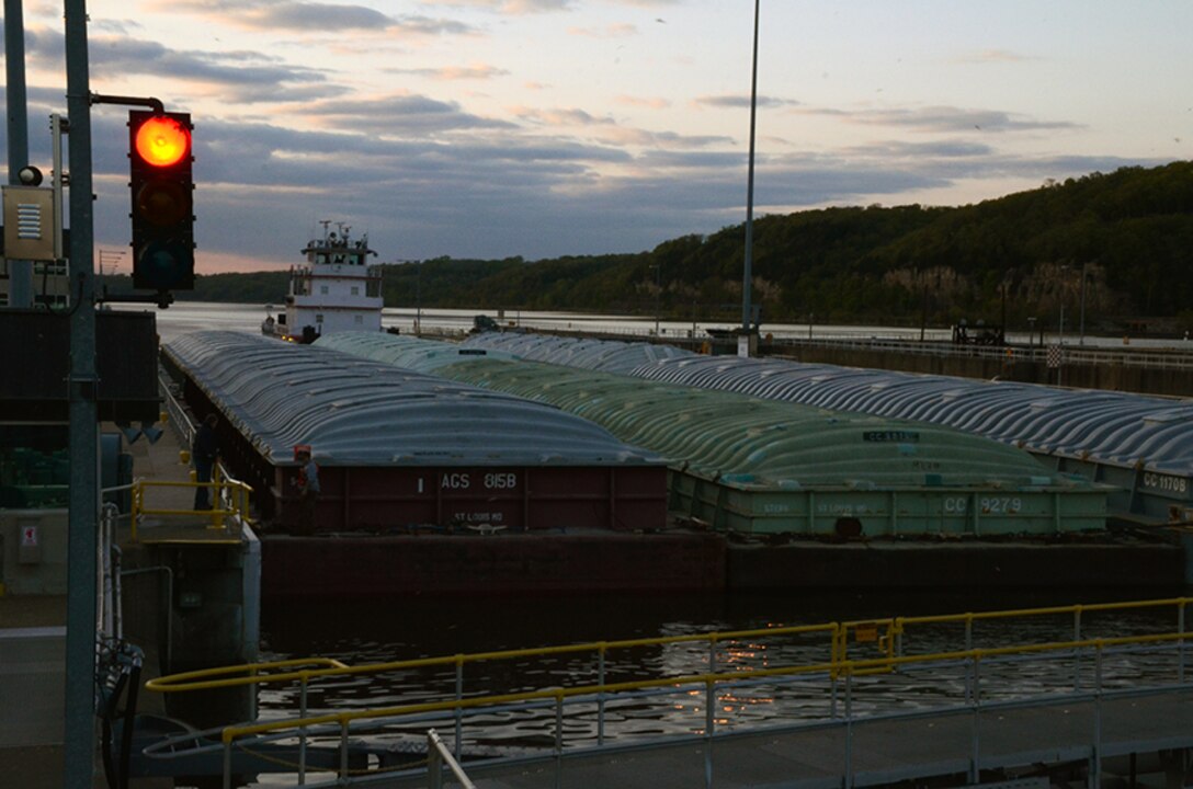 The Motor Vessel Marquette Hilltopper is locked through Lock and Dam 2 in Hastings, Minn., April 20, 2012. 
