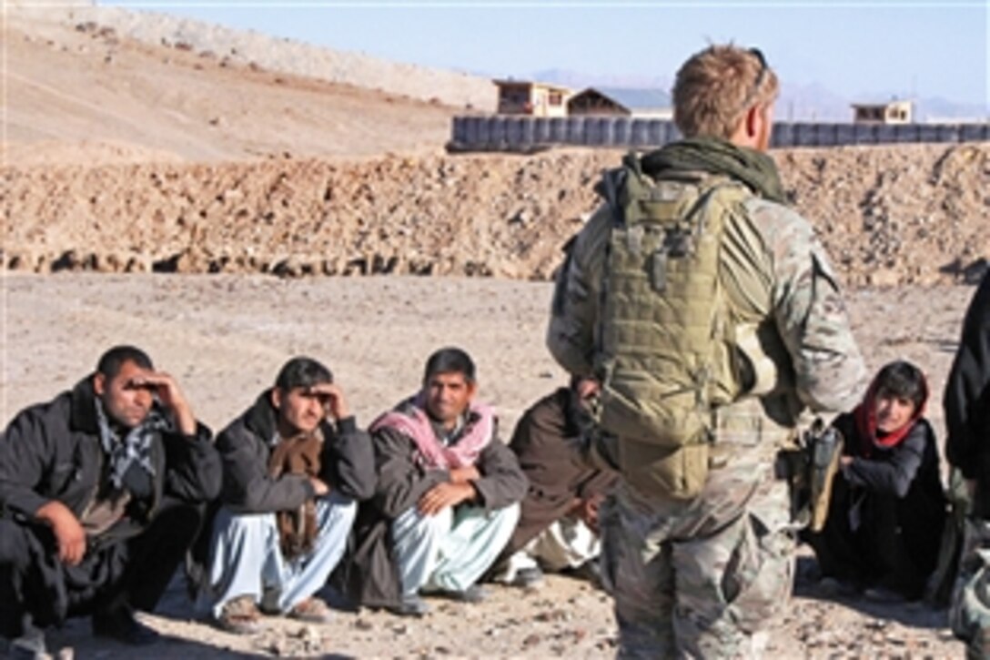 A U.S. special operations team member instructs new Afghan local police recruits on their first day of training in western Afghanistan's Farah province, Dec. 1, 2012. The recruits joined the police to protect their villages from the Taliban. As coalition forces prepare to withdraw combat  troops, Afghan National Security Forces have taken the lead in protecting the Afghan population.