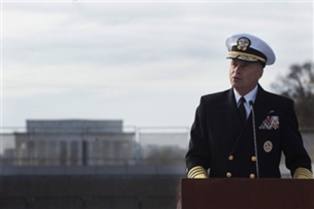 Navy Adm. James E. Winnefeld, Jr., vice chairman of the Joint Chiefs of Staff, gives the keynote address at the Pearl Harbor Remembrance Ceremony at the World War II Memorial in Washington, D.C., Dec. 7, 2012. Veterans from around the country attended the ceremony honoring the fallen and survivors of the Japanese attack on Pearl Harbor, Hawaii, 71 years ago.