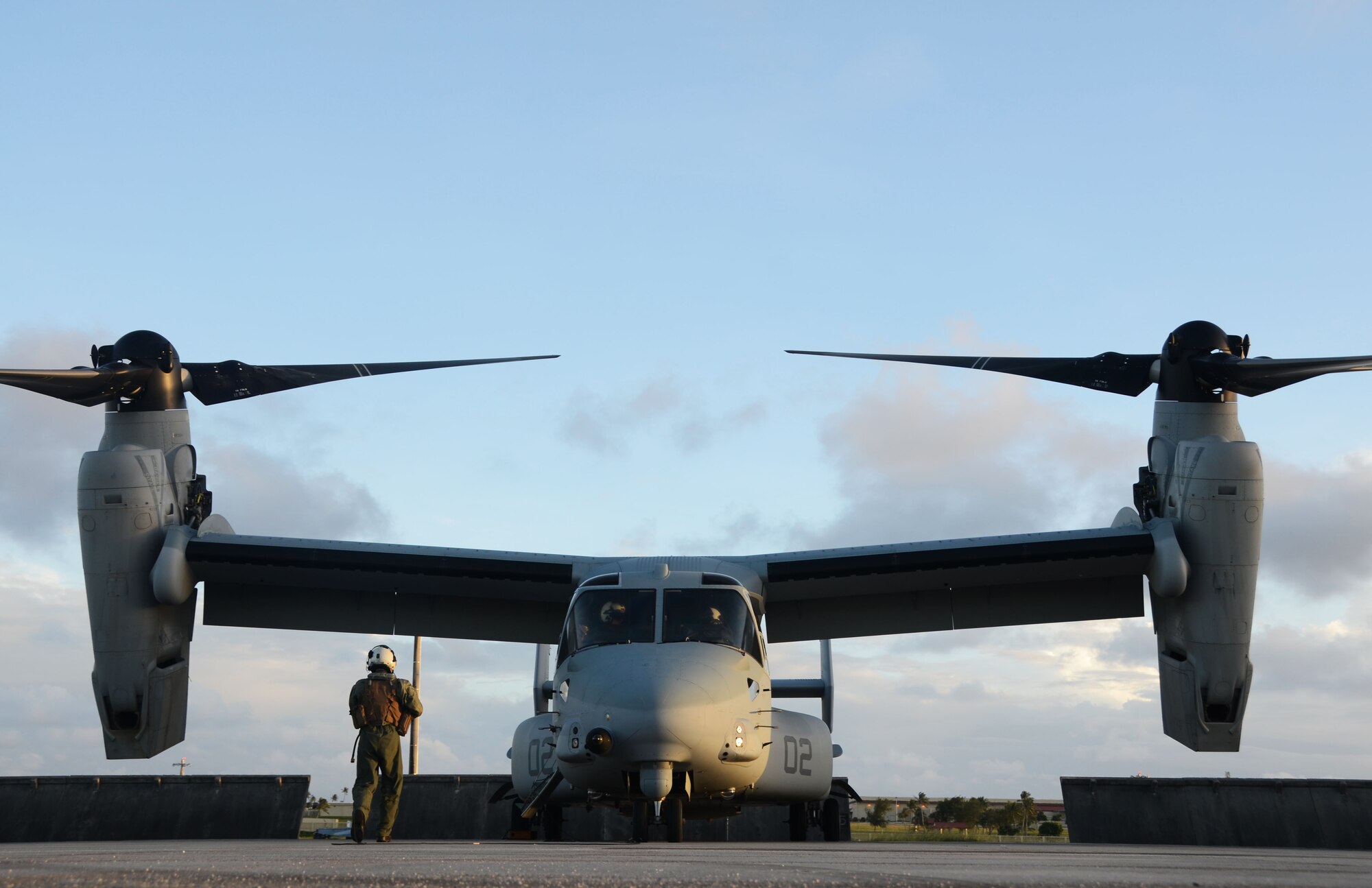ANDERSEN AIR FORCE BASE, Guam—A U.S. Marine Corps MV-22B Osprey from Marine Corps Air Station Futenma, Okinawa, Japan, parks on Andersen Air Force Base, Guam, December 7, 2012. Three Ospreys traveled to Guam in support of Exercise Forager Fury 2012.  This is the first exercise the Ospreys have participated in since replacing the CH-46 helicopters in Okinawa. (U.S. Air Force photo by Senior Airman Benjamin Wiseman/Released)