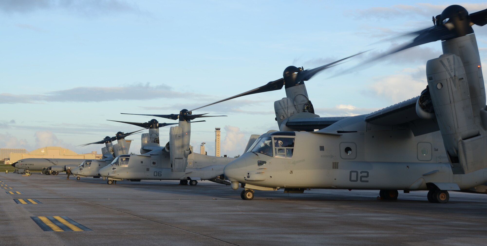 ANDERSEN AIR FORCE BASE, Guam—Three U.S. Marine Corps MV-22B Ospreys from Marine Corps Air Station Futenma, Okinawa, Japan, park on Andersen Air Force Base, Guam, December 7, 2012. The Ospreys traveled to Guam in support of Exercise Forager Fury 2012.  This is the first exercise the Ospreys have participated in since replacing the CH-46 helicopters in Okinawa. (U.S. Air Force photo by Senior Airman Benjamin Wiseman/Released)