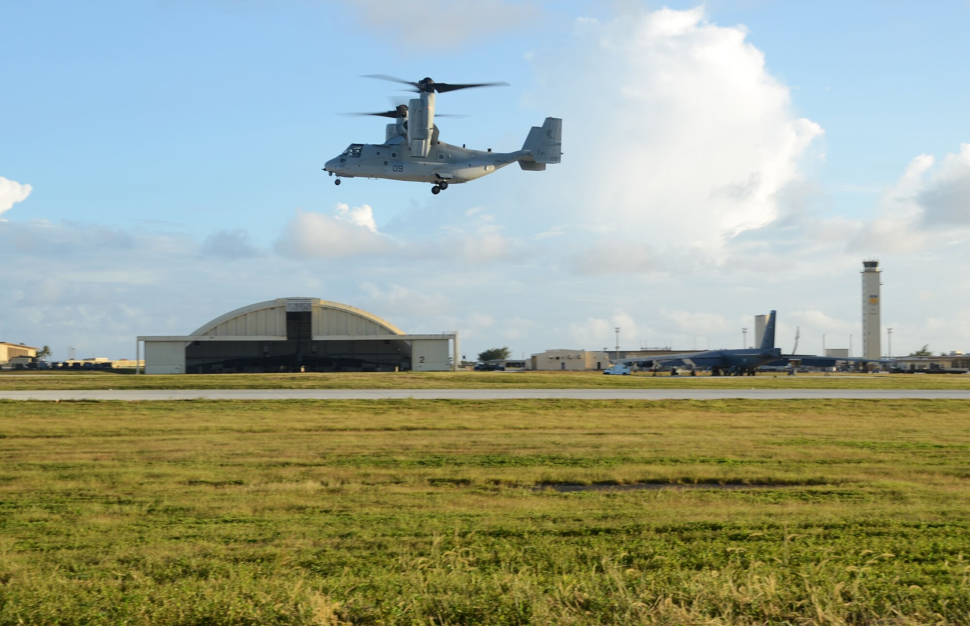 ANDERSEN AIR FORCE BASE, Guam—A U.S. Marine Corps MV-22B Osprey from Marine Corps Air Station Futenma, Okinawa, Japan, prepares to land on Andersen Air Force Base, Guam, December 7, 2012. Three Ospreys traveled to Guam in support of Exercise Forager Fury 2012.  This is the first exercise the Ospreys have participated in since replacing the CH-46 helicopters in Okinawa. (U.S. Air Force photo by Senior Airman Benjamin Wiseman/Released)