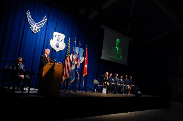 Gov. Mark Dayton addresses Airman at the annual 133rd Airlift Wing awards ceremony in St. Paul, Minn., Dec. 08, 2012. Dayton shared his appreciation for the self-sacrifice that the men and women of the Minnesota Air National Guard give every day.
(U.S. Air Force photo by Staff. Sgt. Amy M. Lovgren/Released)

