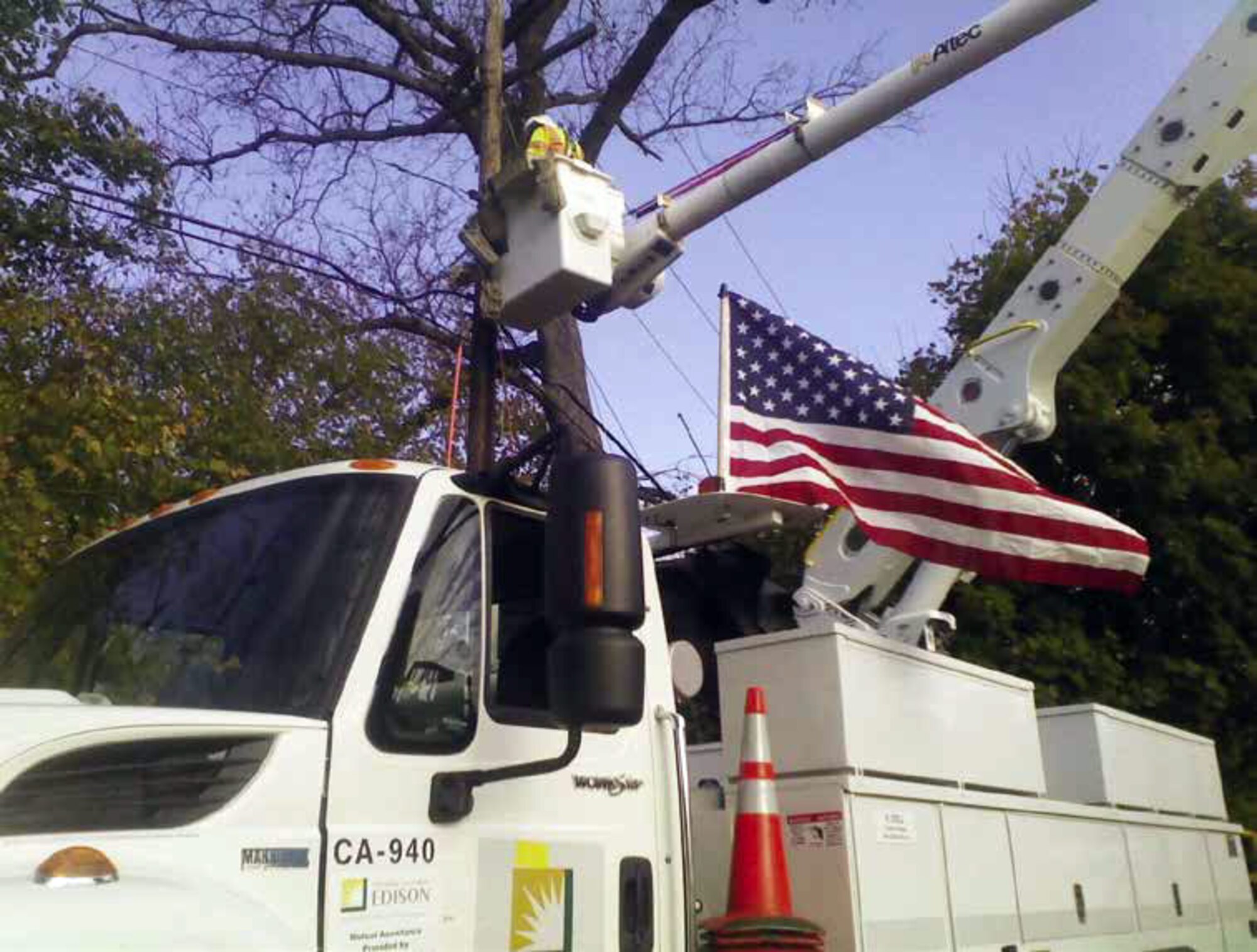 Southern California Edison deployed to the East Coast in support of Super-Storm Sandy restoration efforts during the first week of November 2012. For several weeks, SCE utility vehicles traveled throughout the disaster areas, repairing downed power lines and restoring electricity. (U.S. Air Force photo by Chief Master Sgt. James Wood)