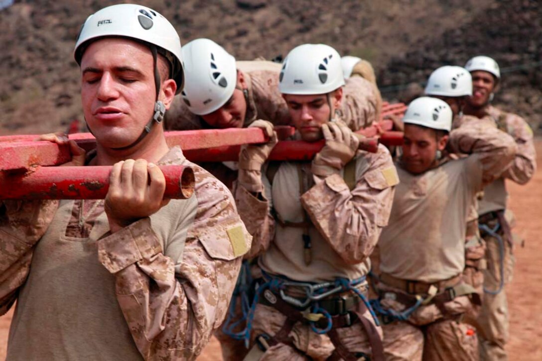 Marines and sailors with Battalion Landing Team 3/5, 15th Marine Expeditionary Unit, work as a team to carry a simulated casualty during a team-building obstacle course at the French Combat Warfare Training Center in Djibouti, Dec. 4. The training, led by instructors from French forces of the French CWTC in Djibouti, involved obstacle courses on land and in the water different from ones Marines and sailors are used to seeing back home. The 15th MEU is deployed as part of the Peleliu Amphibious Ready Group as a U.S. Central Command theater reserve force, providing support for maritime security operations and theater security cooperation efforts in the U.S. 5th Fleet area of responsibility. (U.S. Marine Corps photo by Cpl. John Robbart III)