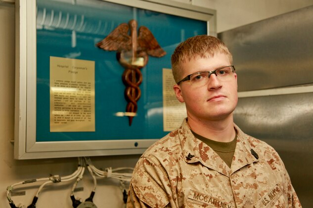 Hospital Corpsman 3rd Class Spencer C. McCartney serves as the corpsman for the 81mm Mortar/Tactical Recovery of Aircraft and Personnel Platoon, Weapons Company, Battalion Landing Team 3/5, 15th Marine Expeditionary Unit. The 22-year-old sailor has been in the Navy less than two years, and is the 15th MEU’s Bluejacket Sailor of the Year. The 15th MEU is deployed as part of the Peleliu Amphibious Ready Group as a U.S. Central Command theater reserve force, providing support for maritime security operations and theater security cooperation efforts in the U.S. 5th Fleet area of responsibility. McCartney, 22, is from Sandpoint, Idaho. (U.S. Marine Corps photo by Cpl. John Robbart III/Released)
