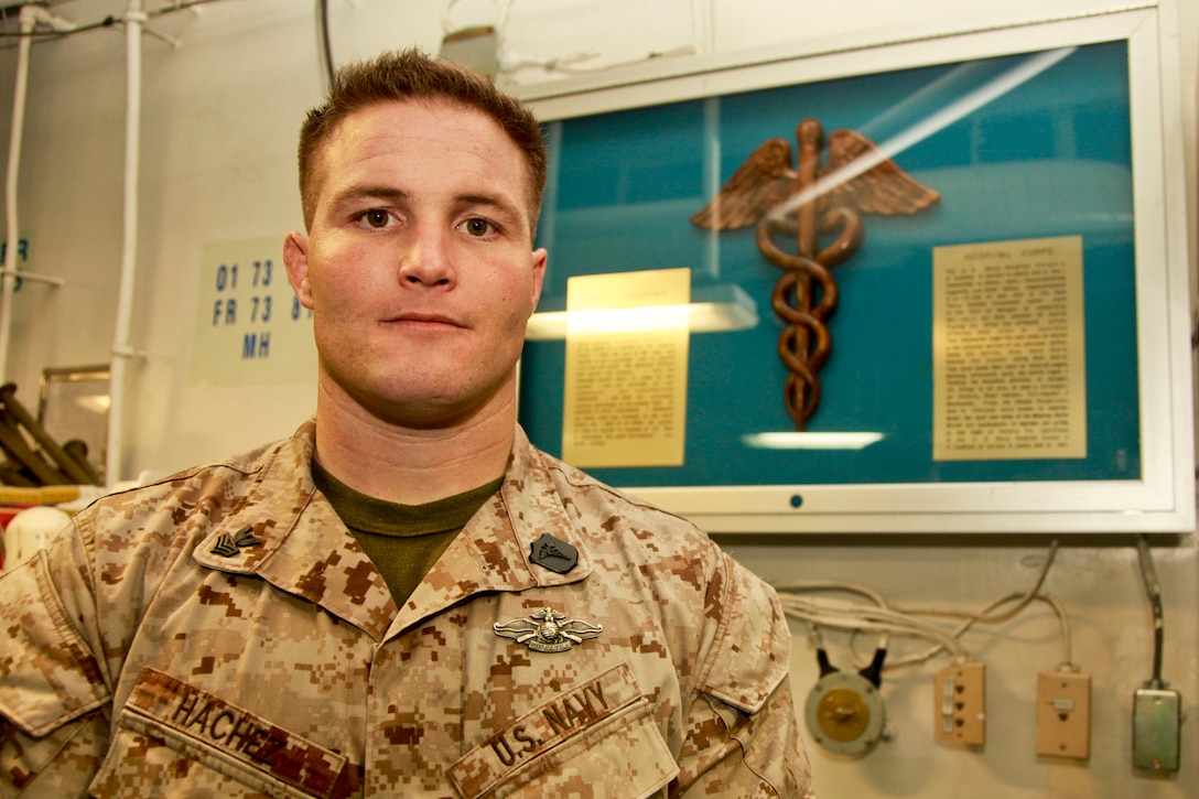 Hospital Corpsman 1st Class Ryan G. Hachez is the leading petty officer for the Health Services Detachment, Combat Logistics Battalion 15, 15th Marine Expeditionary Unit, and he was recently selected as the Senior Sailor of the Year for the 15th MEU. The 15th MEU is deployed as part of the Peleliu Amphibious Ready Group as a U.S. Central Command theater reserve force, providing support for maritime security operations and theater security cooperation efforts in the U.S. 5th Fleet area of responsibility. Hachez, 30, is from Vista, Calif. (U.S. Marine Corps photo by Cpl. John Robbart III/Released)