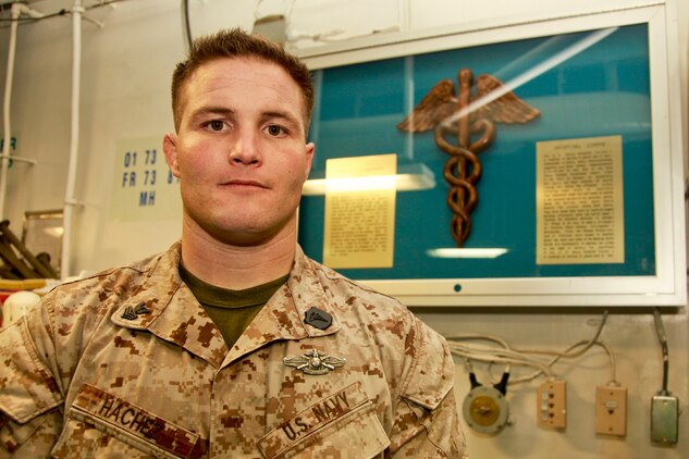 Hospital Corpsman 1st Class Ryan G. Hachez is the leading petty officer for the Health Services Detachment, Combat Logistics Battalion 15, 15th Marine Expeditionary Unit, and he was recently selected as the Senior Sailor of the Year for the 15th MEU. The 15th MEU is deployed as part of the Peleliu Amphibious Ready Group as a U.S. Central Command theater reserve force, providing support for maritime security operations and theater security cooperation efforts in the U.S. 5th Fleet area of responsibility. Hachez, 30, is from Vista, Calif. (U.S. Marine Corps photo by Cpl. John Robbart III/Released)