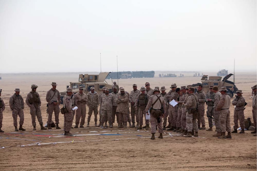 U.S. Marines assigned to Battalion Landing Team 3/5, 15th Marine Expeditionary Unit (MEU), stage vehicles near Camp Buehring, Kuwait, during exercise Eager Mace 13, Nov. 19. The U.S. Navy and Marine Corps participated in the bilateral training exercise with the Kuwait Armed Forces to expand levels of cooperation, enhance mutual maritime capabilities and promote long-term regional stability and interoperability between U.S. forces and regional partners. The 15th MEU is deployed with the Peleliu Amphibious Ready Group as a U.S. Central Command theater reserve force, providing support for maritime security operations and theater security cooperation efforts in the U.S. 5th Fleet area of responsibility. (U.S. Marine Corps photo by Cpl. Timothy R. Childers/Released)