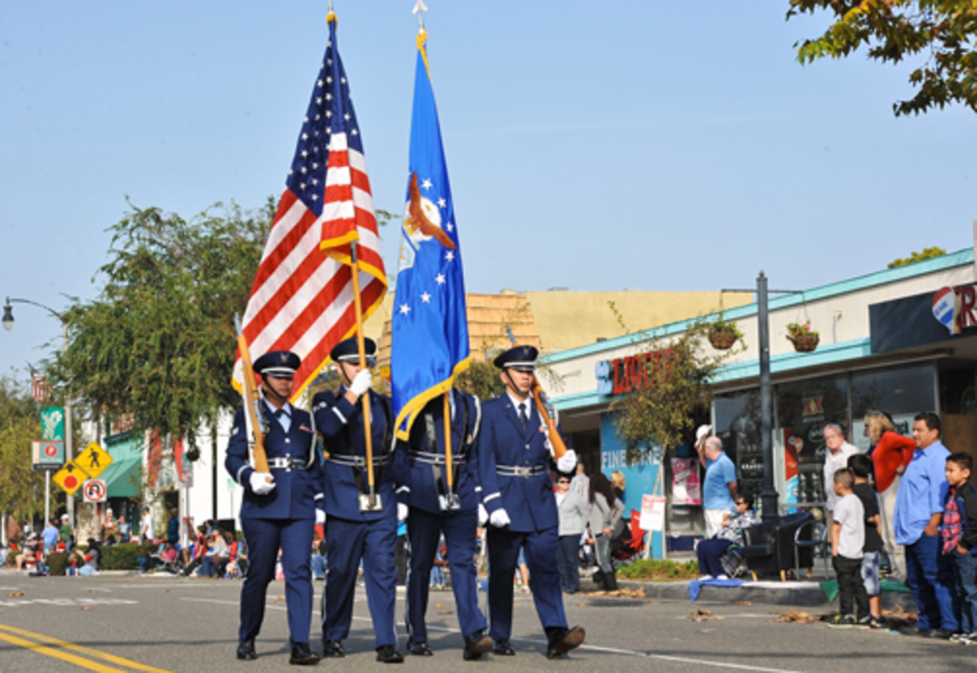 An Air Force Honor Guard heads up the El Segundo Holiday Parade, Dec. 9.  (Photo by Sarah Corrice)