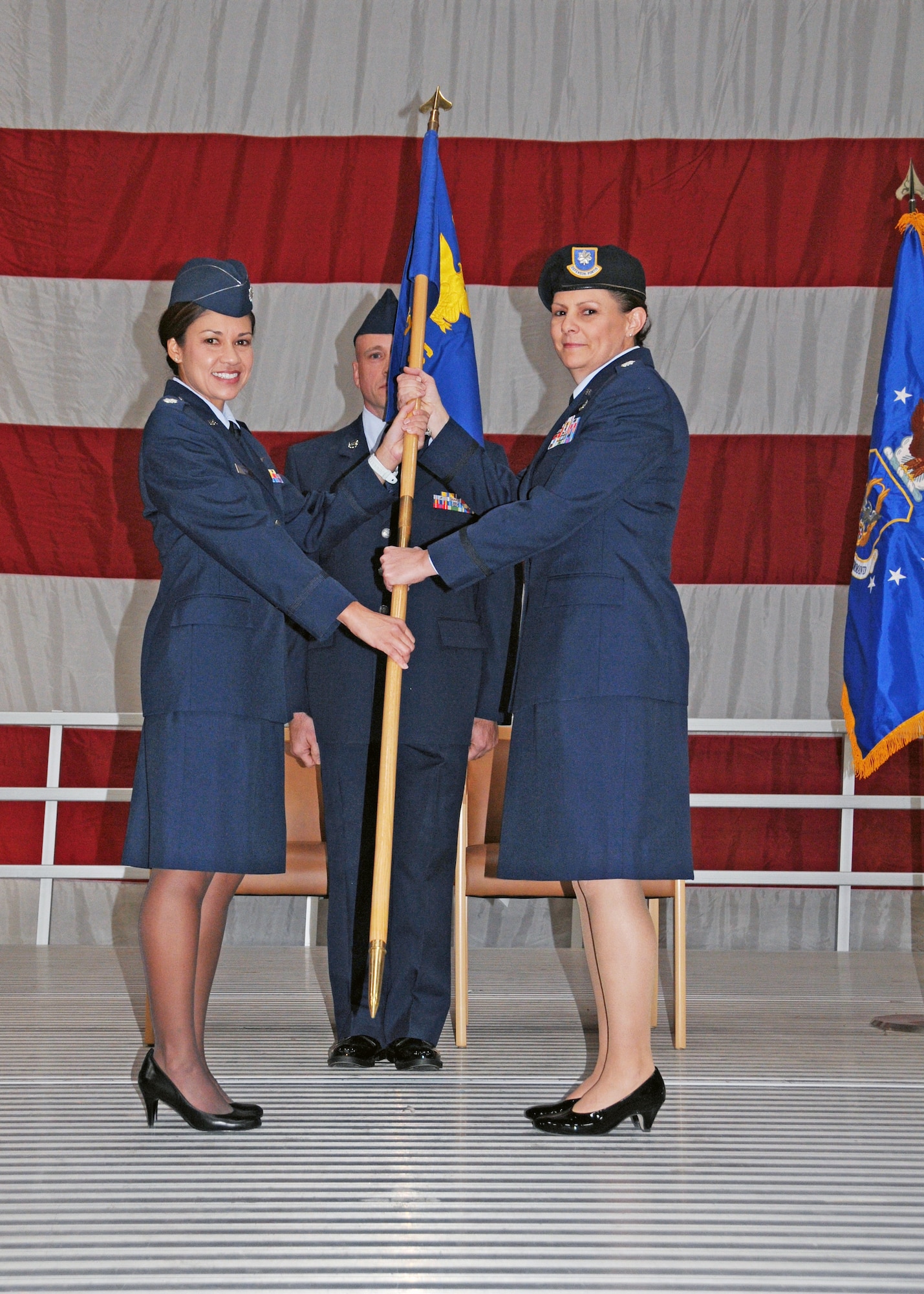 Lt. Col. Amy Evans became commander of the 944th Security Forces Squadron in an assumption-of-command ceremony here Saturday. Evans comes to the 944th Fighter Wing from Strategic Command, Offutt Air Force Base, NE, where she served as Individual Mobilization Augmentee to the Chief of Command Security. Lt. Col Debra Tofil, 944th Mission Support Group vice commander presided over the ceremony. (U.S. Air Force photo/Staff Sgt. Joshua Nason)