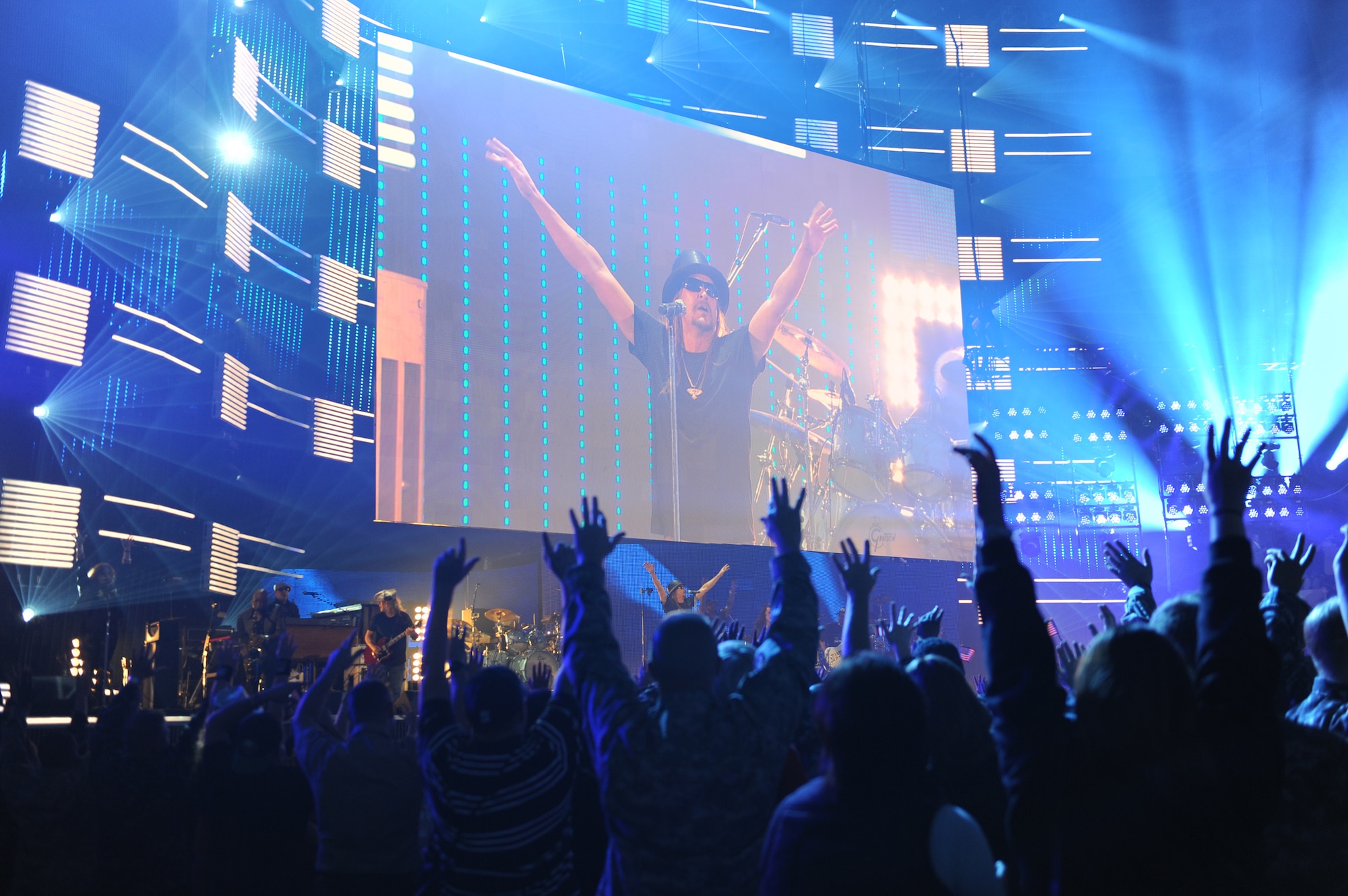 Active duty service members and their families raise their hands as singer-songwriter Kid Rock performs at the Norfolk Scope Arena, Norfolk, Va., during a live World Wrestling Entertainment show, Dec. 9, 2012. The show was part of the 10th annual WWE "Tribute to the Troops" week honoring active duty members of the U.S. Armed Forces. (U.S. Navy photo by Mass Communication Specialist 1st Class Molly A. Burgess/Released)