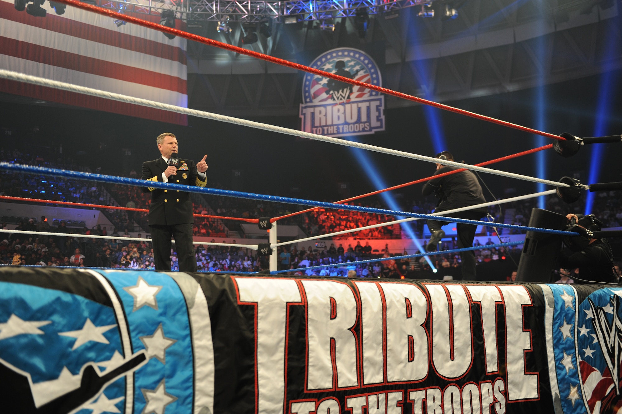 Adm. Bill Gortney, commander of U.S. Fleet Forces, speaks during a live World Wrestling Entertainment show at the Norfolk Scope Arena, Norfolk, Va., Dec. 9, 2012. The show was part of the 10th annual WWE "Tribute to the Troops" week honoring members of the U.S. Armed Forces. (U.S. Navy photo by Mass Communication Specialist 1st Class Molly A. Burgess/Released)
