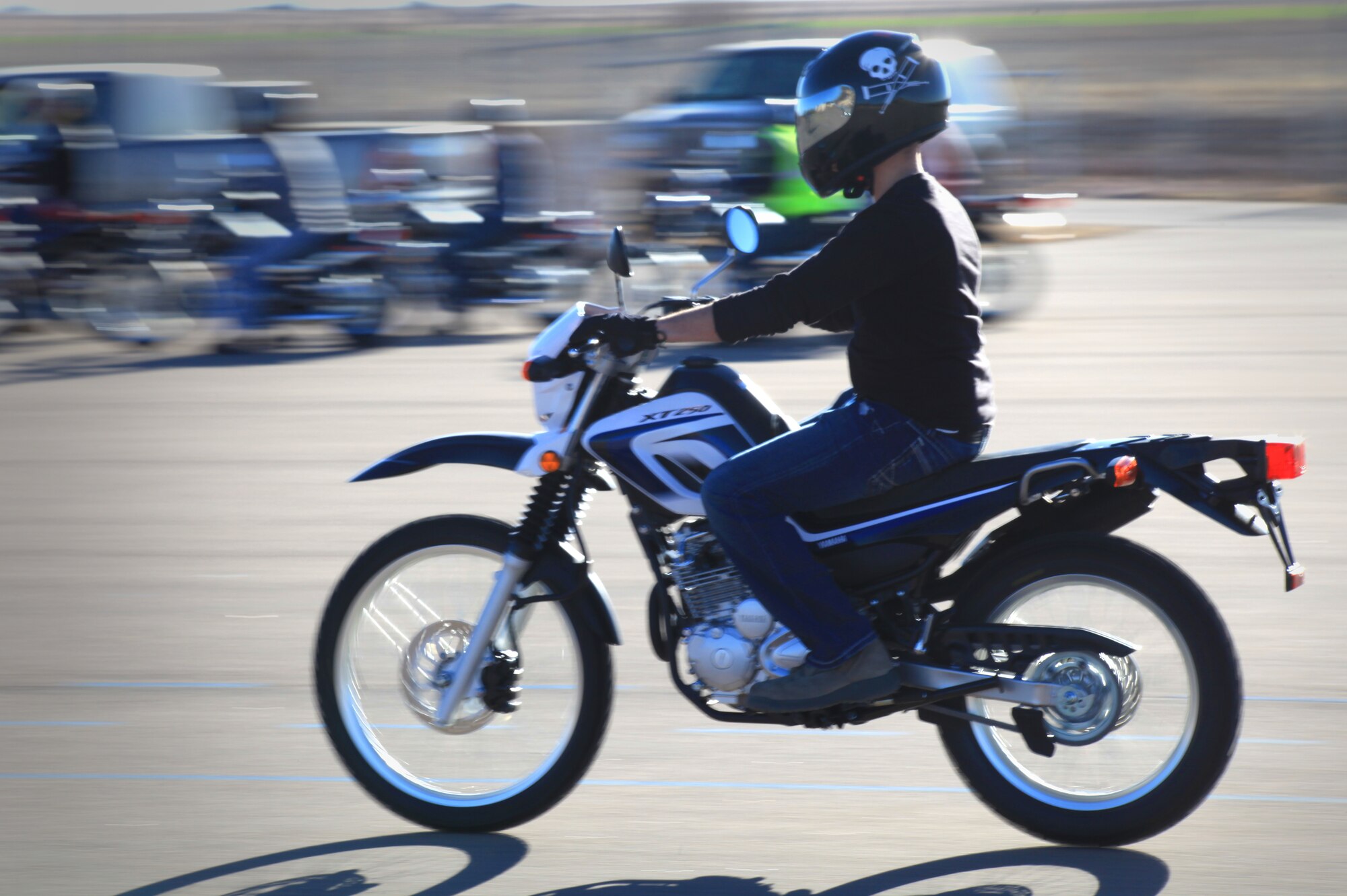 An Air Commando practices driving a bike during the Motorcycle Safety Foundation’s Beginner Rider Course at Cannon Air Force Base, N.M., Dec. 7, 2012.  The base recently purchased 13 new motorcycles for the class in order to offer riders a chance to sample the bike they prefer while learning the skills of a safe and responsible driver. (U.S. Air Force photo/Senior Airman Jette Carr)